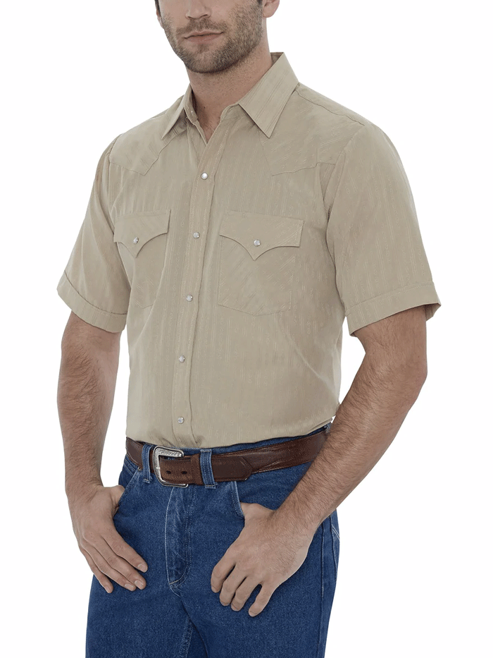 Ely Cattleman 15201634 Men's Western Shirt Short Sleeve Tone-on-Tone Khaki for Cowboy Rodeo & Country Style Fashion