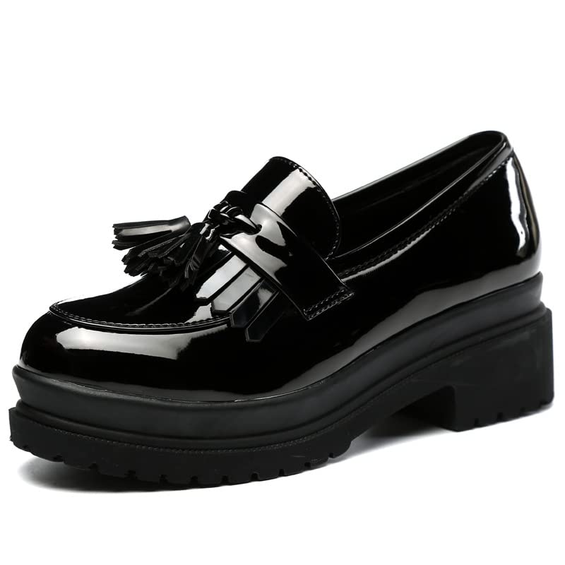 Women's Black Patent Leather Tassel Oxford Shoes - Slip On Dress Loafers with Block Heel for Office, Party & Formal Occasions