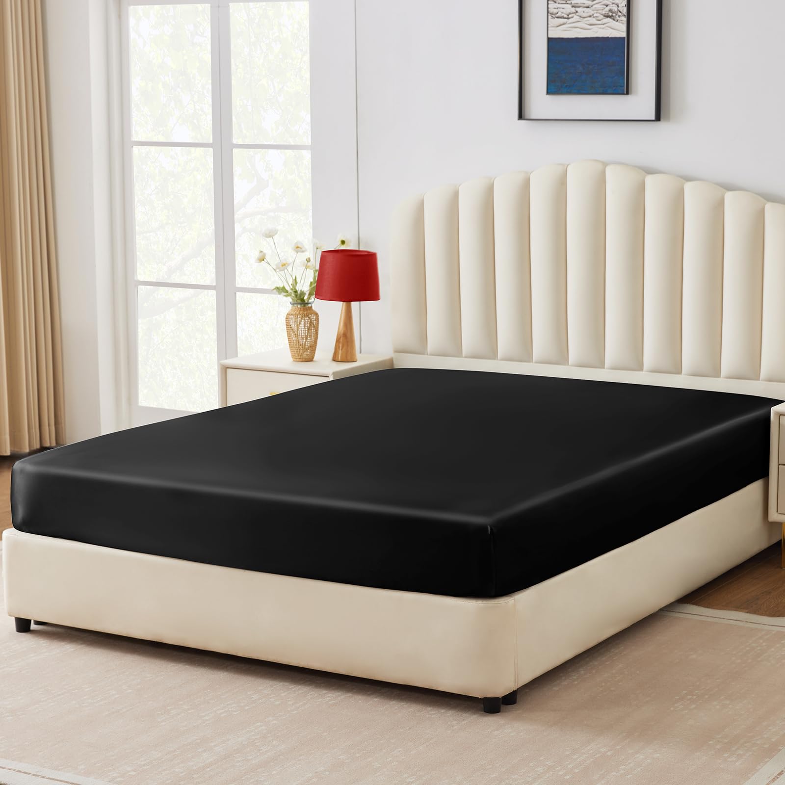 CozyLux Queen Size Satin Fitted Sheet - Black Silky Smooth Deep Pocket Bed Sheet with Breathable Microfiber - Perfect for Luxury Bedrooms, Guest Rooms & Hotel Style Comfort