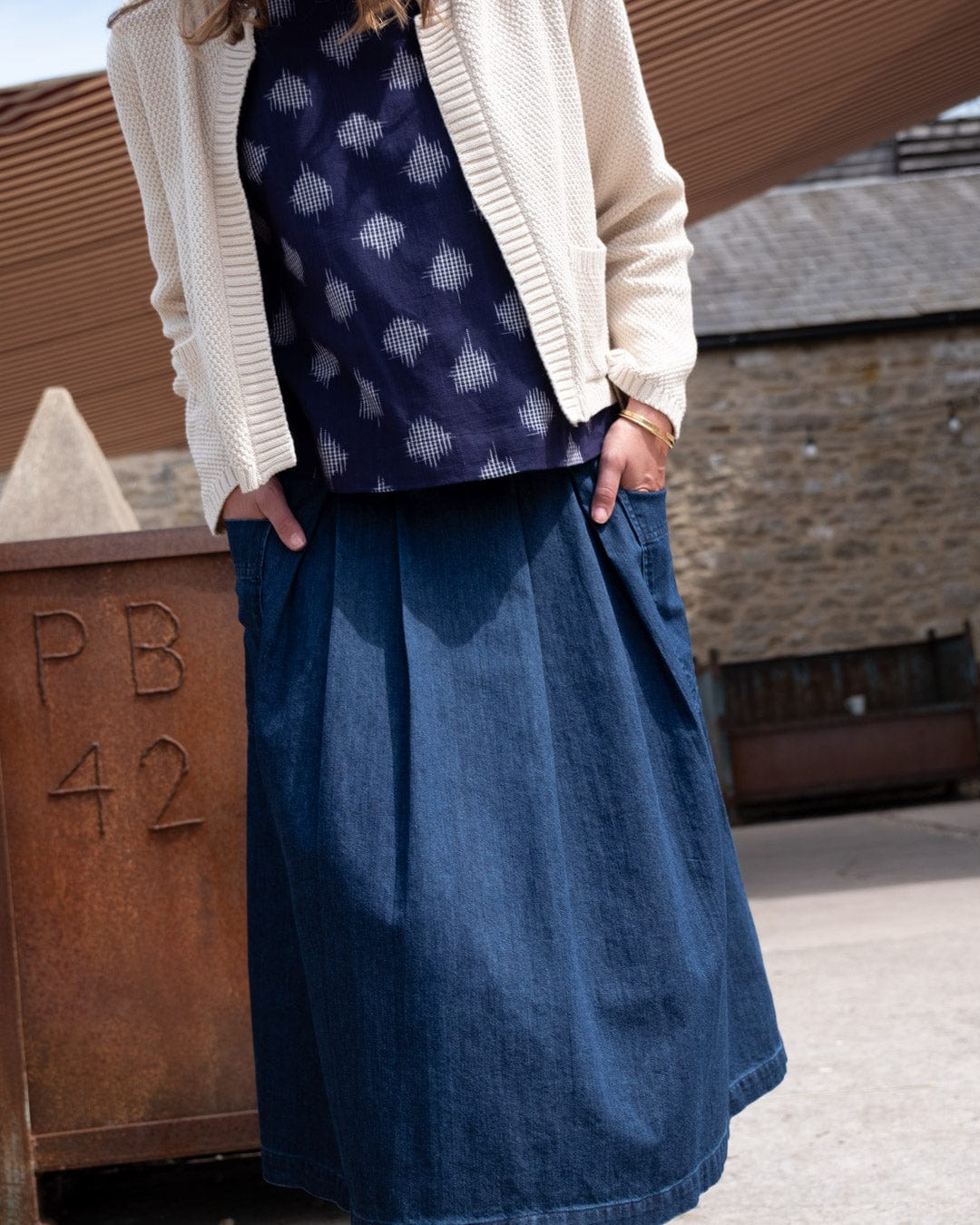 Elsie Women's Cotton Midi Skirt - Blue Denim A-Line Skirt for Casual Wear, Office & Summer Outfits | Comfortable Stretch Waist Skirt