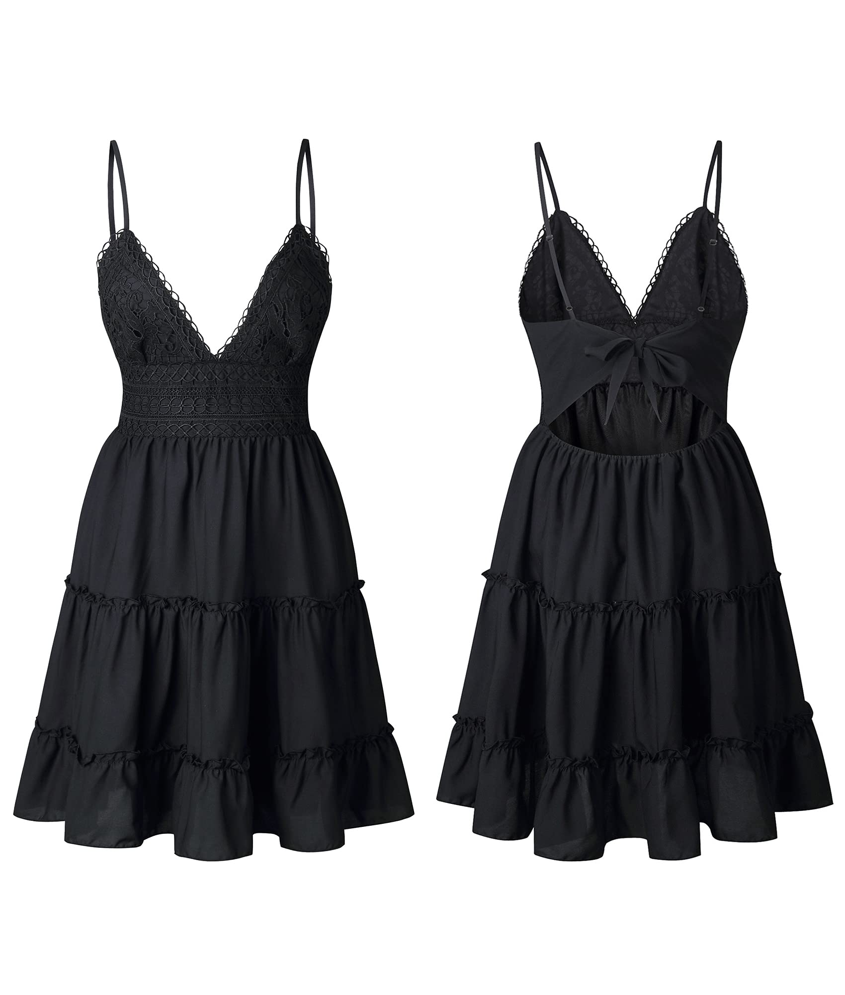 ECOWISH Women's Summer Dress 2025 - V-Neck Spaghetti Strap Lace Mini Dress with Bow Backless Design | Perfect for Beach Vacations, Date Nights & Summer Parties