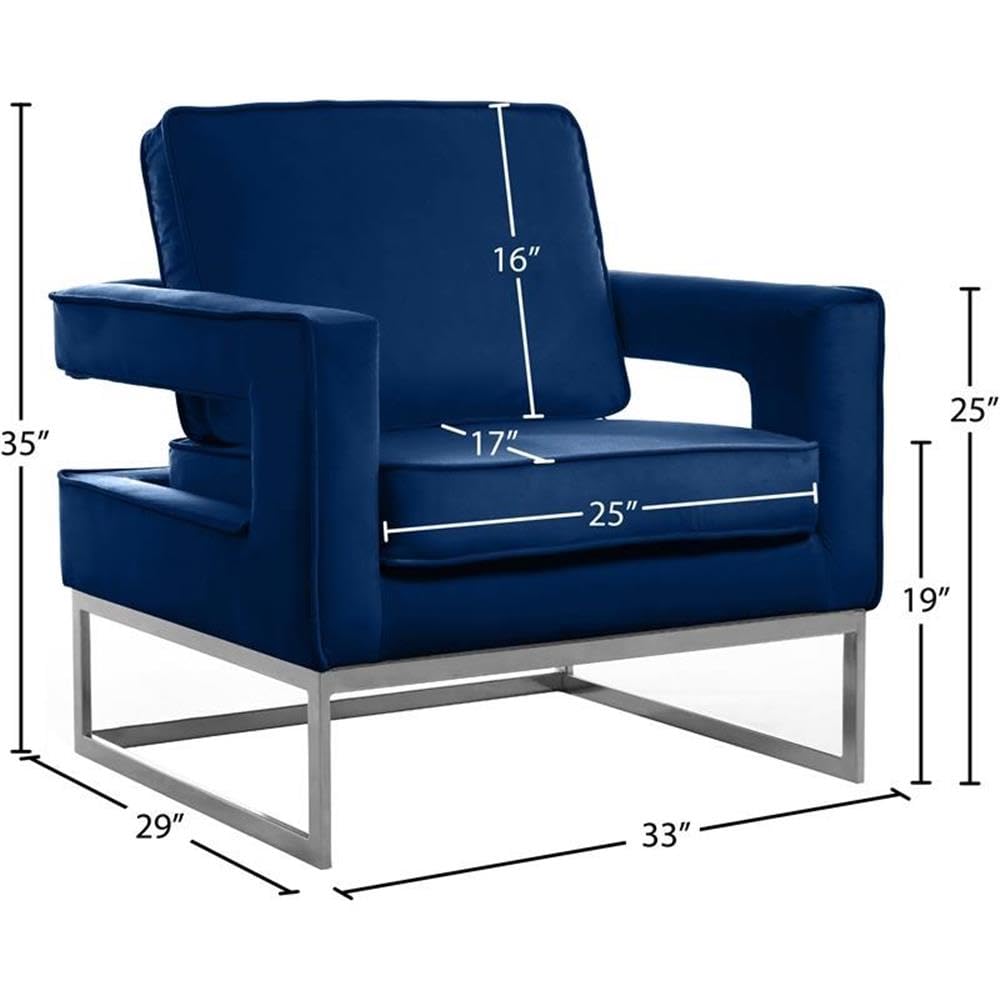 Modern Velvet Accent Chair with Stainless Steel Base - Navy Blue Upholstery & Chrome Legs | Noah Collection by Meridian Furniture | Perfect for Living Room, Bedroom, or Office Decor