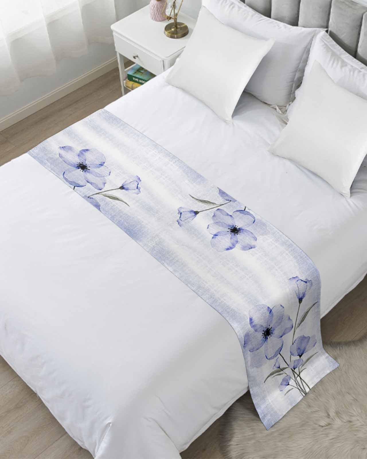 Blue Floral Bed Runner for Full/Queen Bed - Bedspread Protector Slipcover, Decorative Bed Scarf for Foot of Bed - 83x20 Inch Spring Summer Ombre Blue Rustic Floral Design - Perfect for Bedroom, Hotel, Wedding Room Decor & Home Styling