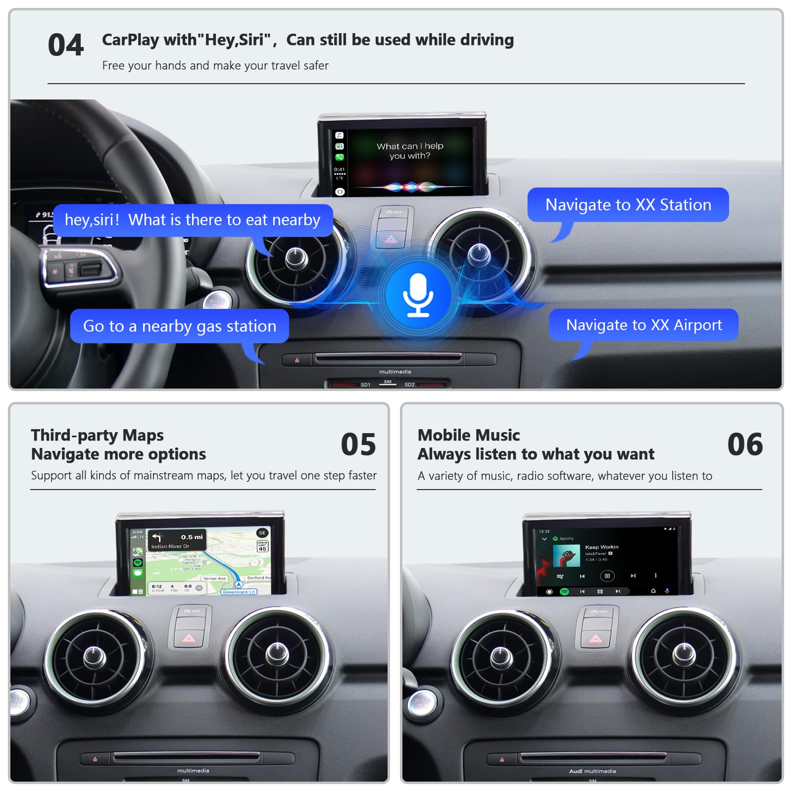 Road Top Wireless CarPlay & Android Auto Retrofit Kit for Audi A1 (2013-2018) with RMC System - Supports Navigation, MirrorLink, Rear Camera & Siri Voice Control | Plug & Play Upgrade for Seamless Smartphone Integration & Safer Driving