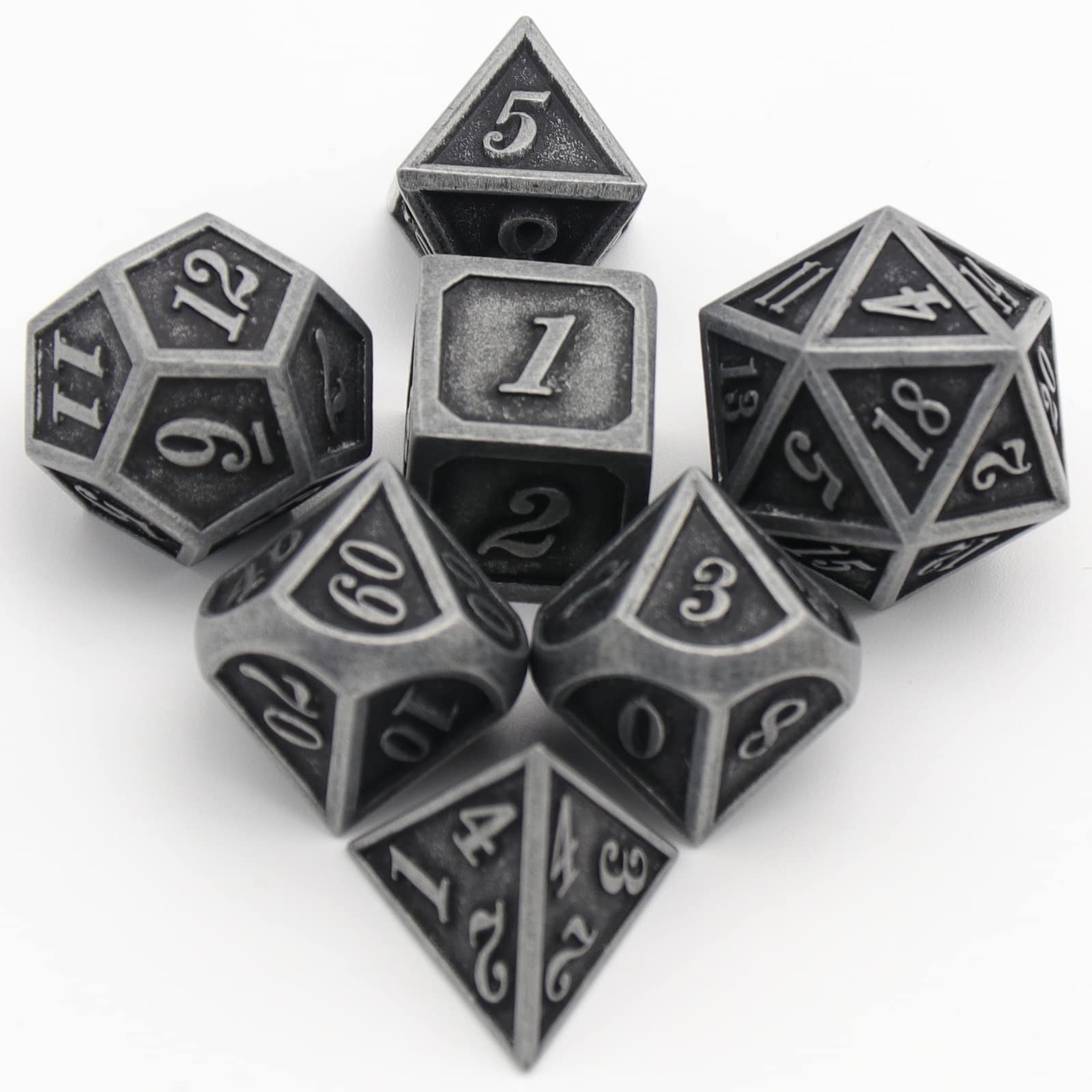 Premium Metal Dice Set for Dungeons & Dragons RPG - 7-Piece Polyhedral DND Dice (D20, D12, D10, D8, D6, D4) in Ancient Silver Finish - Perfect for Tabletop Gaming, MTG, Pathfinder & Shadowrun Adventures