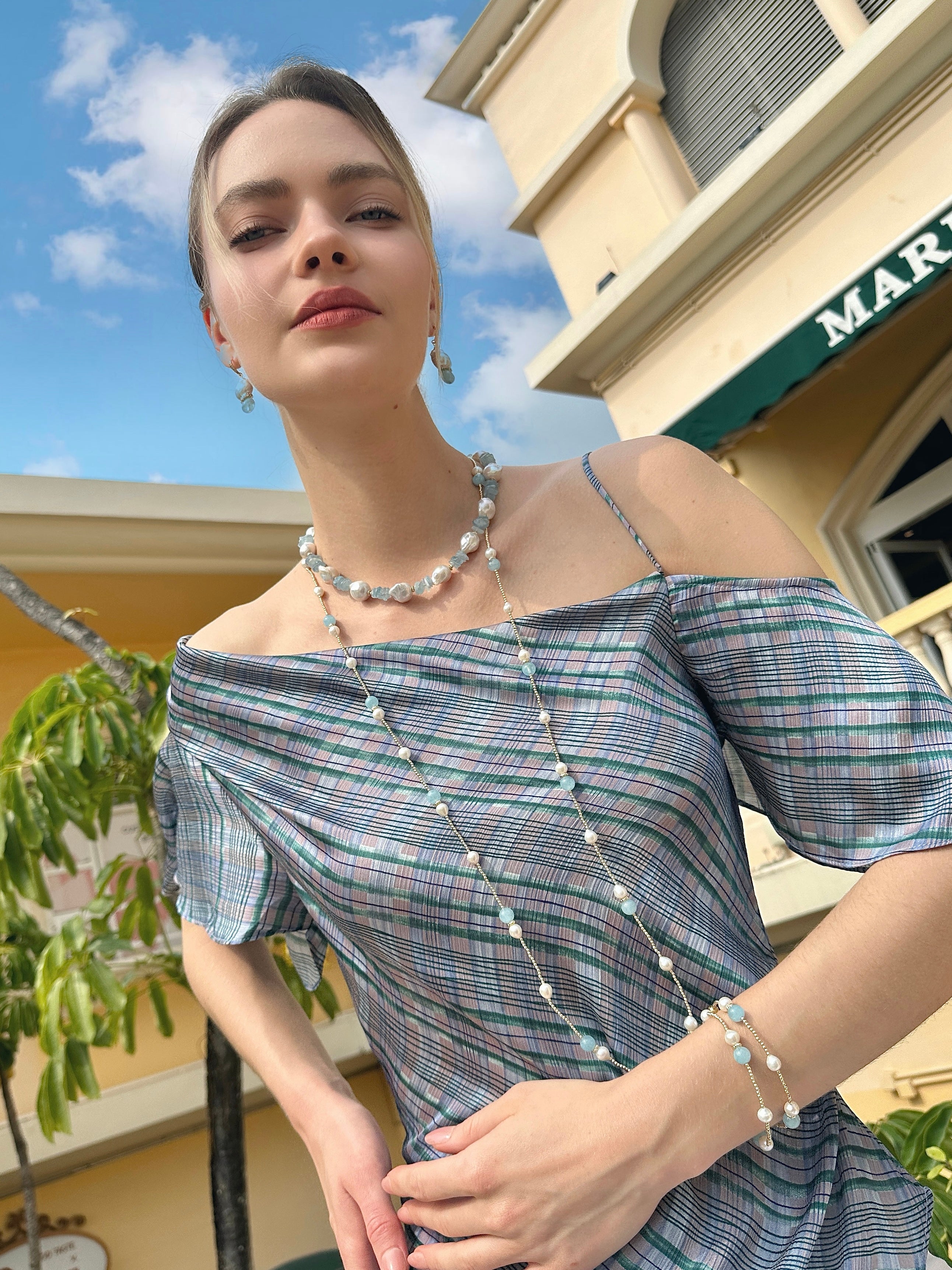 Elegant Aquamarine and Freshwater Pearls Long Necklace for Women - Perfect for Weddings, Parties & Special Occasions - LN023