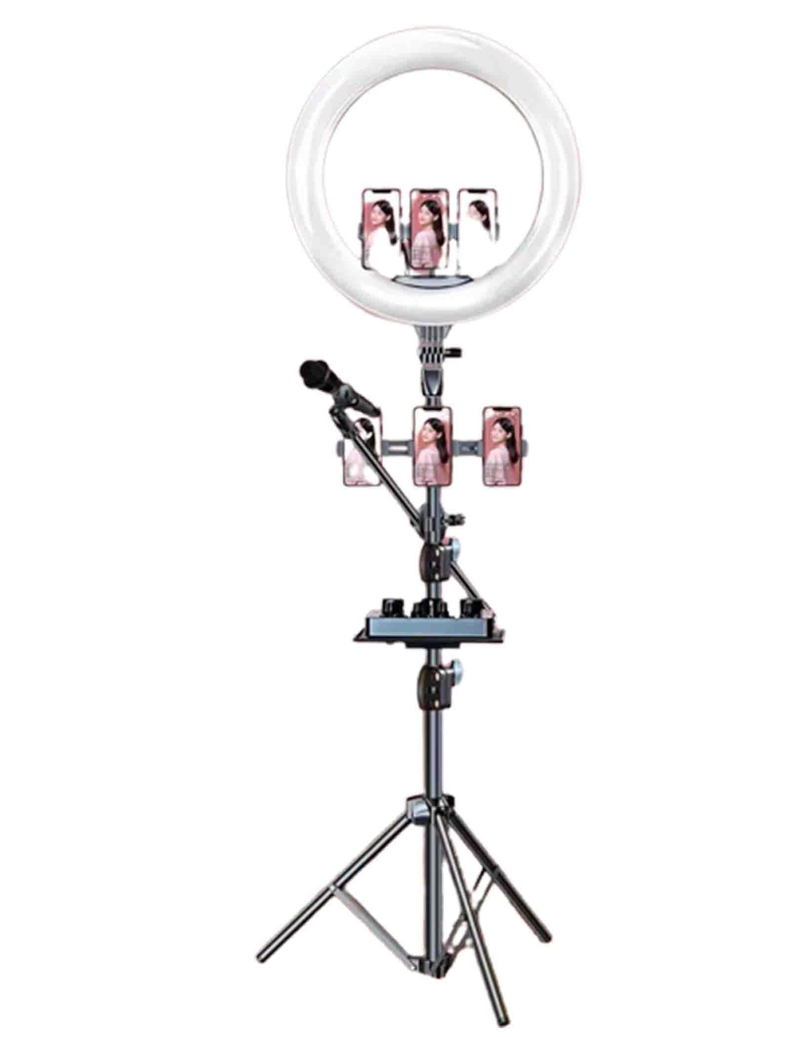 Professional Phone Tripod Stand with Ring Light & Mic Holder - Adjustable Floor Stand for Live Streaming, Vlogging, TikTok, YouTube Videos - Includes 6-Position Sound Card Tray & Phone Mount for Perfect Selfies & Content Creation