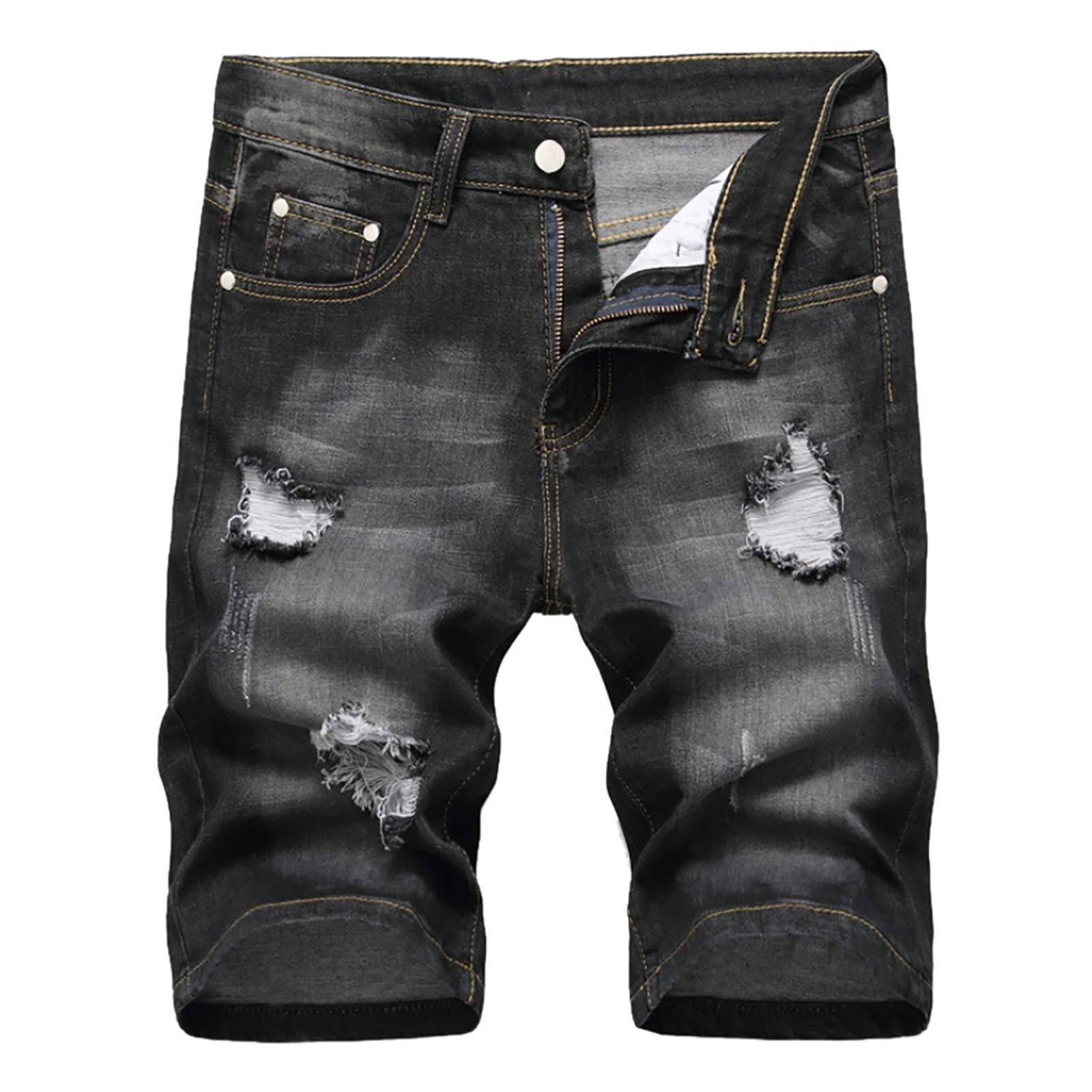 Men's Stretch Fit Faded Ripped Denim Shorts with Pockets - Classic Knee Length Jean Shorts for Summer & Casual Wear - Plus Size Waist 44 - Perfect for Beach Holidays, Street Style & Everyday Comfort