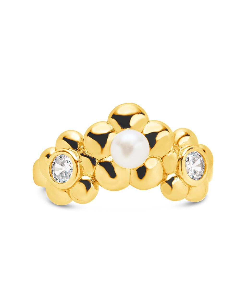 June CZ & Pearl Blossom Open Band Ring - Elegant Adjustable Flower Ring for Women, Perfect for Weddings, Parties & Everyday Wear