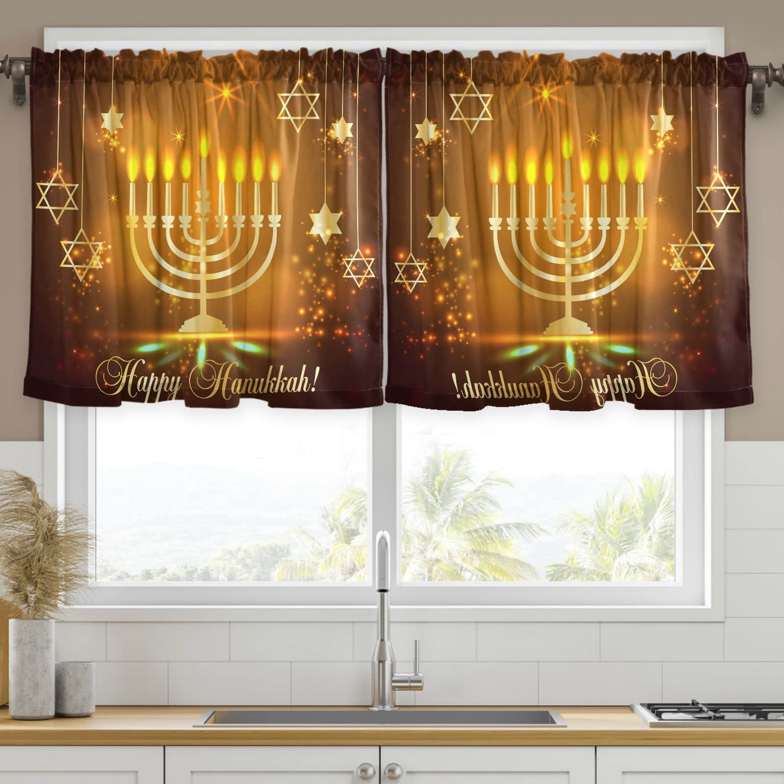 Happy Hanukkah Shining Kitchen Curtains & Valance Set - 57x36 Inch Rod Pocket Window Treatment for Bedroom, Kitchen & Living Room - Festive Holiday Decor & Light Filtering Home Accents