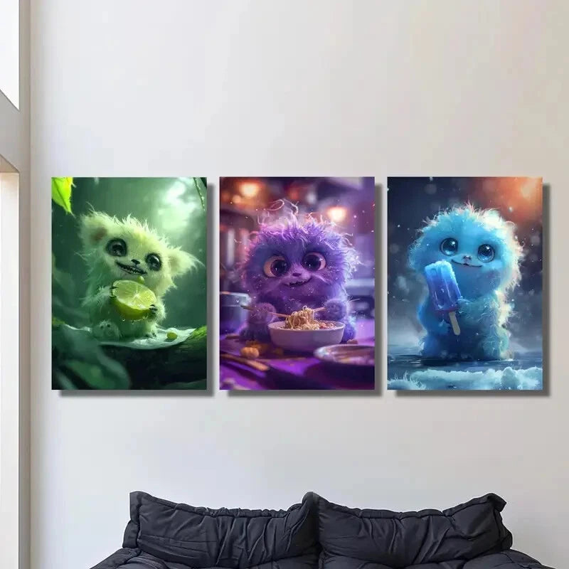 3pcs Happy Little Monster Eating Noodles Metal Wall Art - Ready to Hang Home Decor for Kids Room, Nursery & Playroom