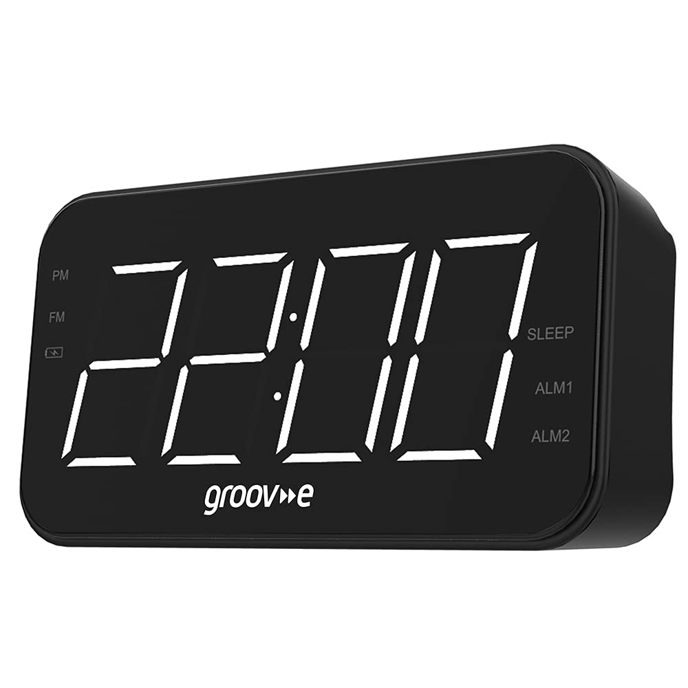 Groove Curve Radio - Rechargeable Digital FM Radio Alarm Clock with LCD Display, Dual Alarm, Dimmer & USB-C Charging - 20 Preset Stations - Perfect for Bedroom, Office, Travel & Emergency Use