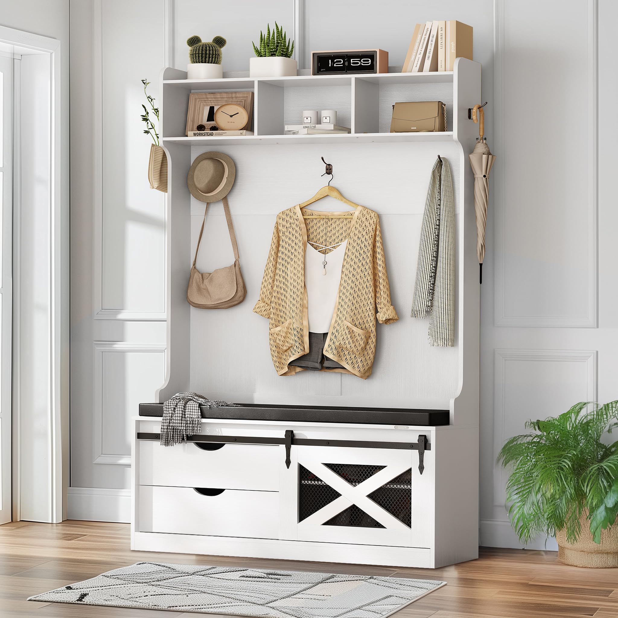 Redlife 6-in-1 Hall Tree with Bench - Coat Rack with Shoe Storage, Entryway Organizer with 6 Hooks - Perfect for Hallway, Bedroom & Mudroom Organization | Space-Saving Furniture for Small Entryways & Apartments