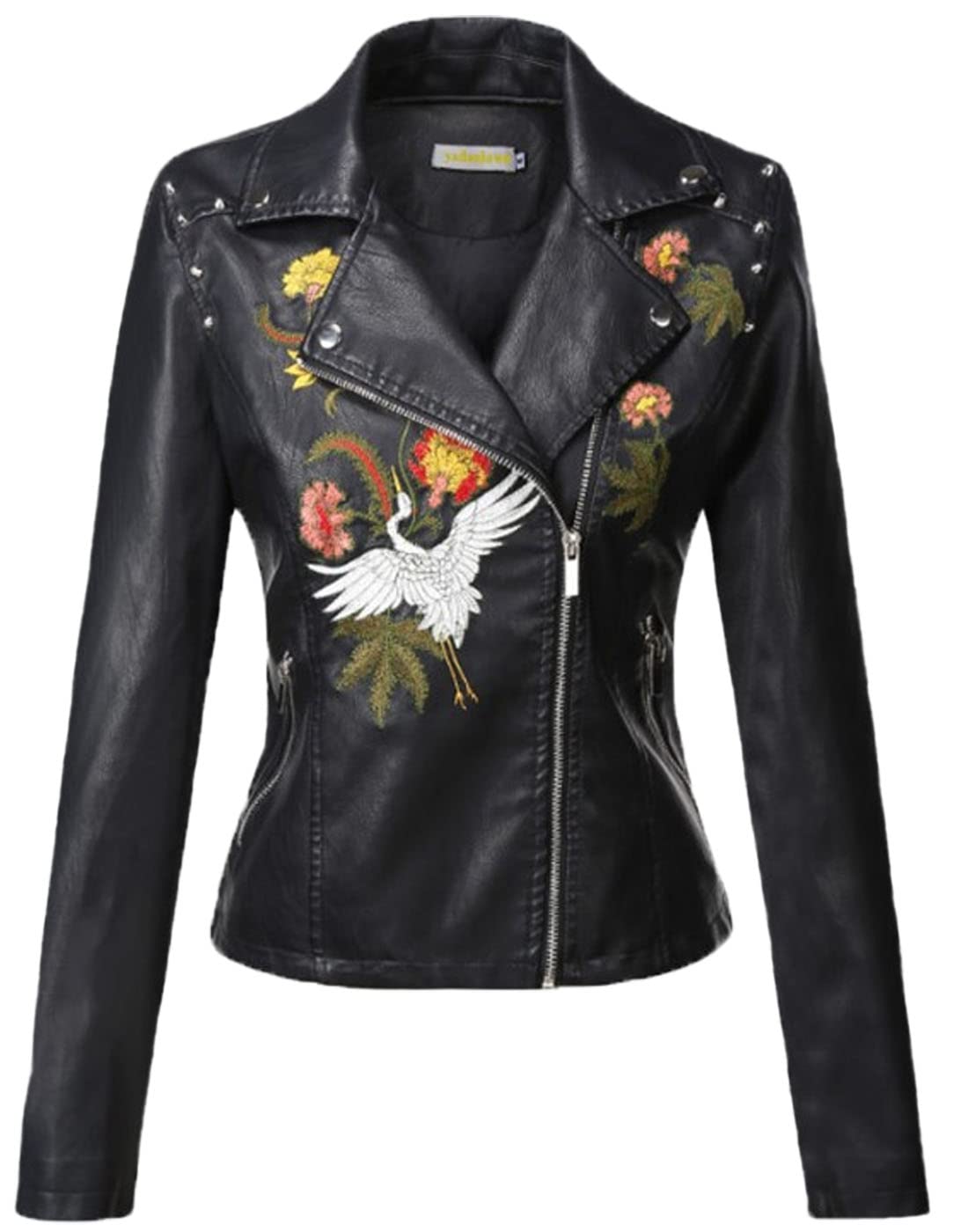 Women's Faux Leather Jacket with Floral Embroidery - Stylish Moto Biker Coat for Winter & Fall Fashion | Perfect for Casual Outings, Date Nights & Motorcycle Rides