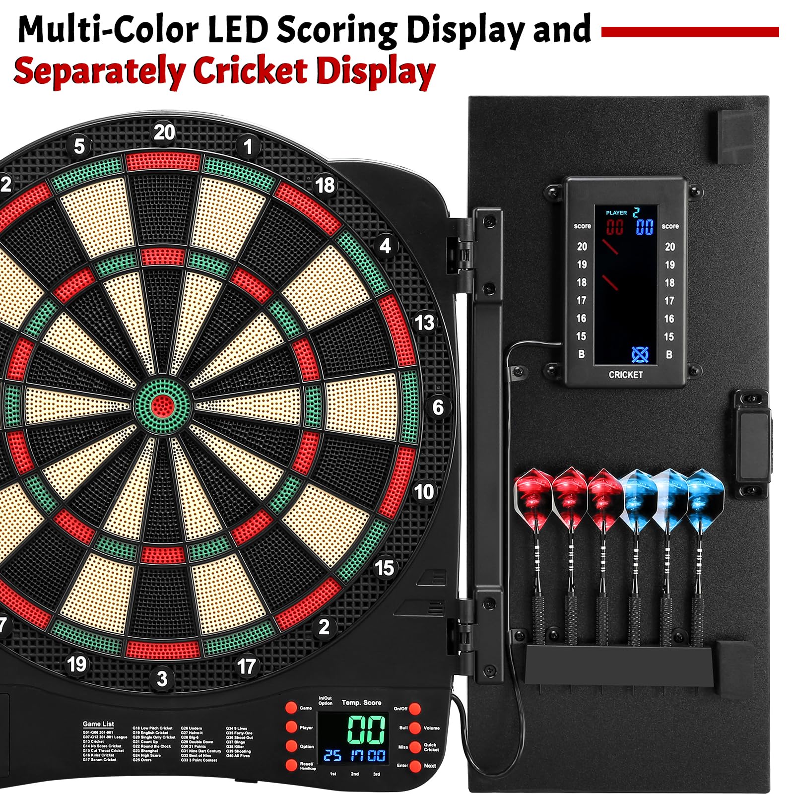 Electronic Dartboard Cabinet - Digital Soft Tip Dart Board Set with LED Scoreboard, 40 Games & 420 Variants, Includes 6 Darts & 100 Tips - Perfect for Home Game Rooms, Bars, and Family Entertainment