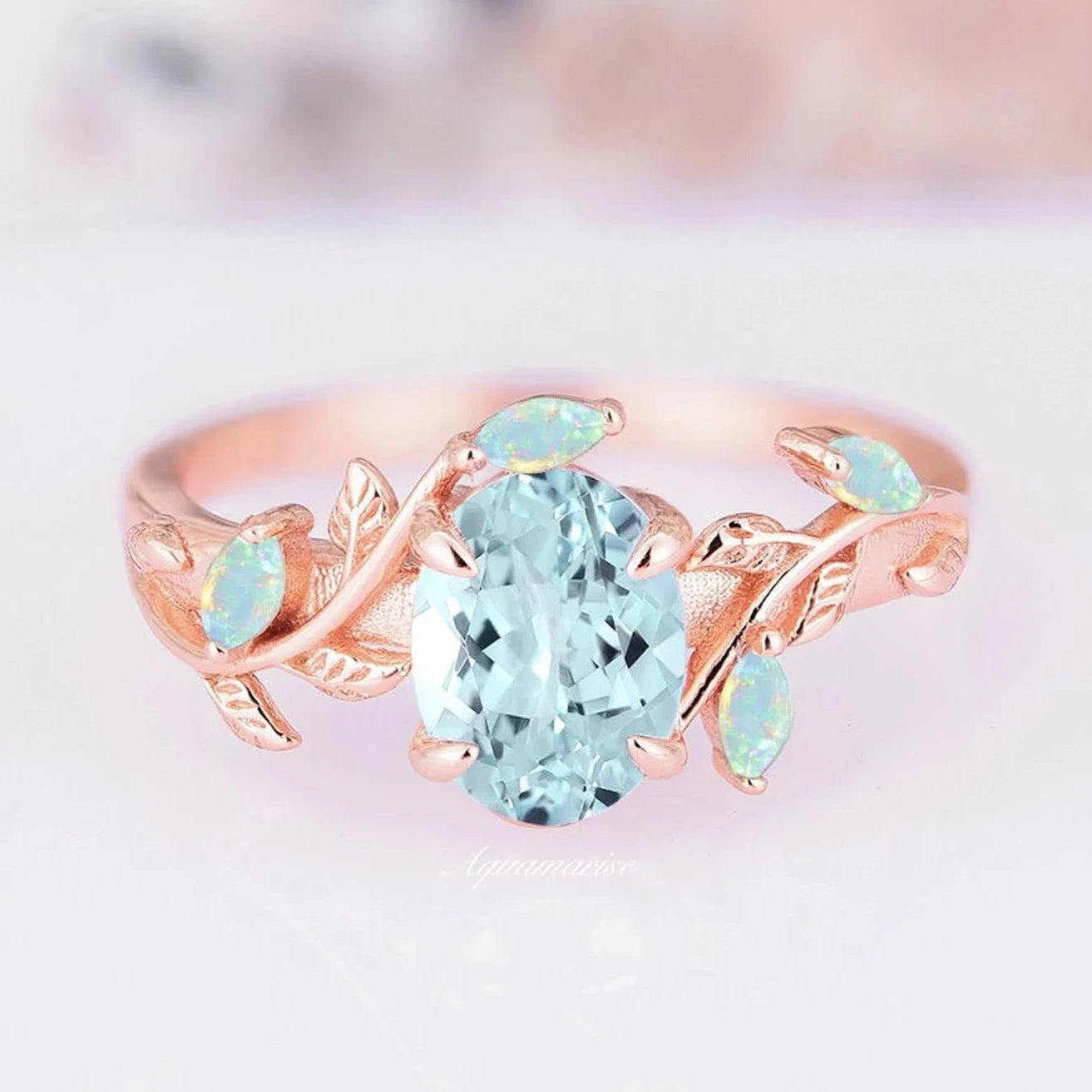 Aquamarine and Fire Opal Leaf Couples Ring - Sterling Silver Matching Wedding Bands for Him & Her - Perfect for Anniversaries, Engagements, and Romantic Gifts