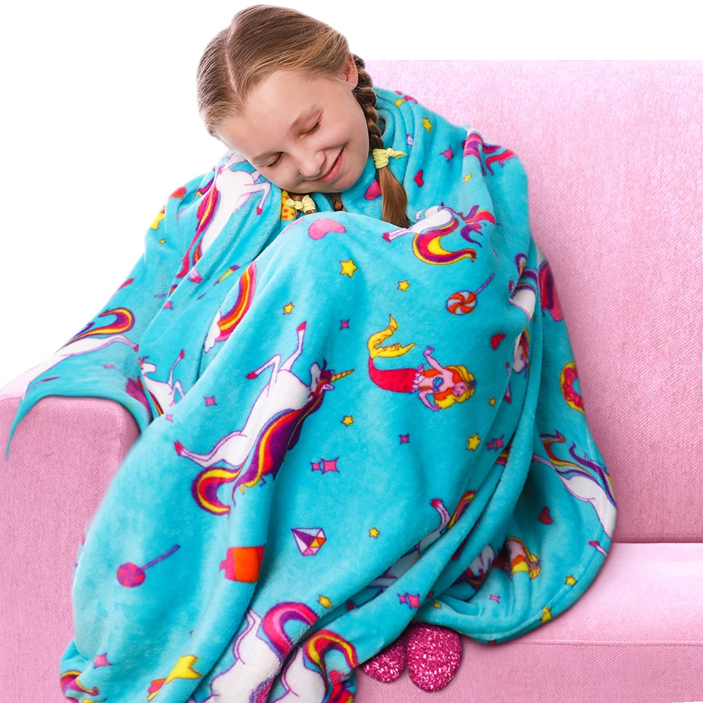 GirlZone Unicorn Fleece Blankets for Girls - Soft Large Fluffy Blanket with Cute Unicorn & Mermaid Designs - Perfect Gift for Teen Girls - Ideal for Bedroom, Sofa, Movie Nights & Sleepovers