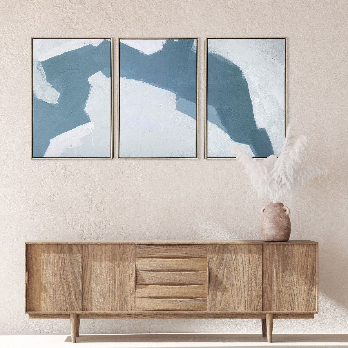 Abstract Blues 3-Piece Canvas Wall Art Set - Natural Wood Floating Frame - Modern Home Decor for Living Room, Bedroom & Office