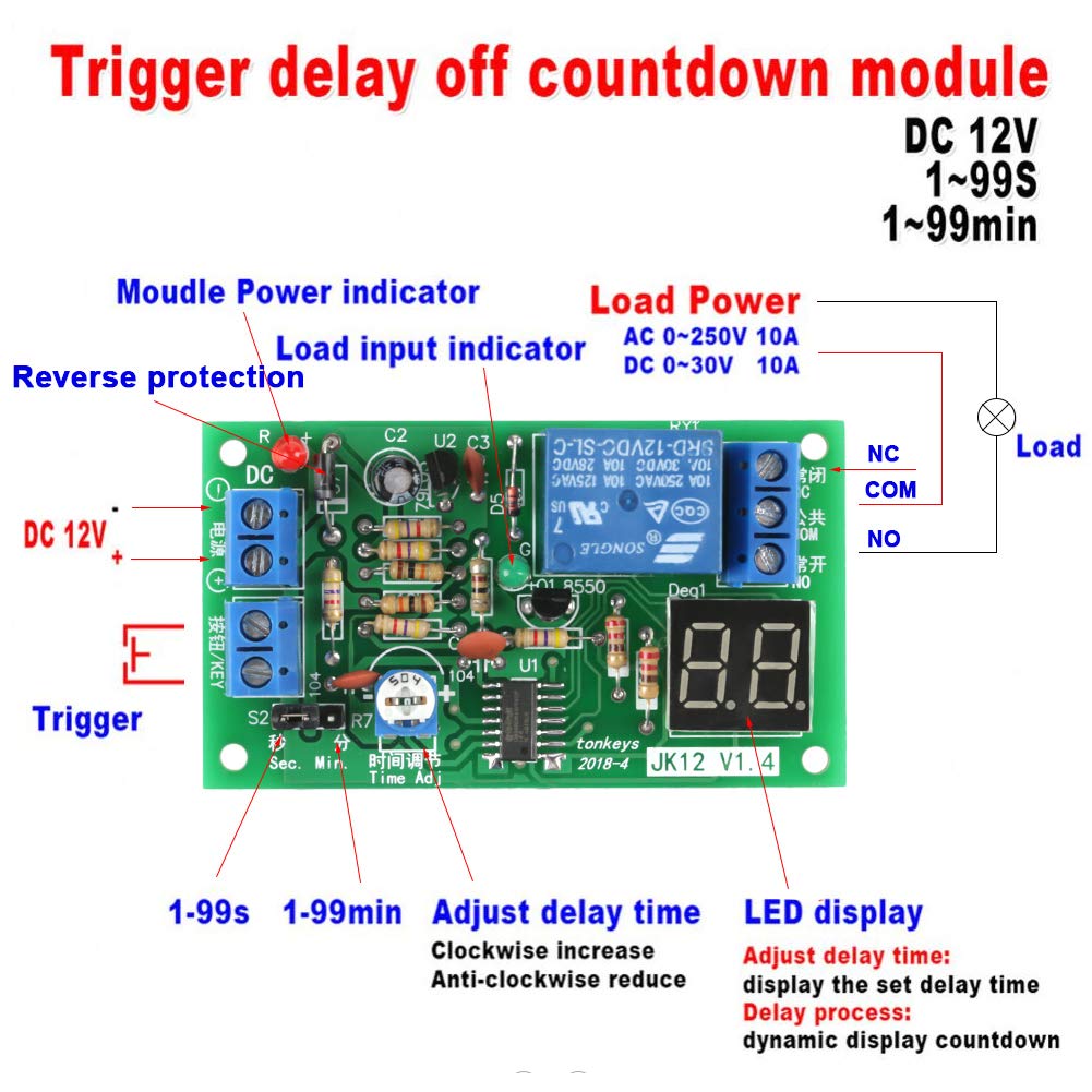 12V DC Timer Relay Switch Module with LED Display - Adjustable Countdown & Delay Turn Off for Smart Home, DIY Projects, and Automation Control