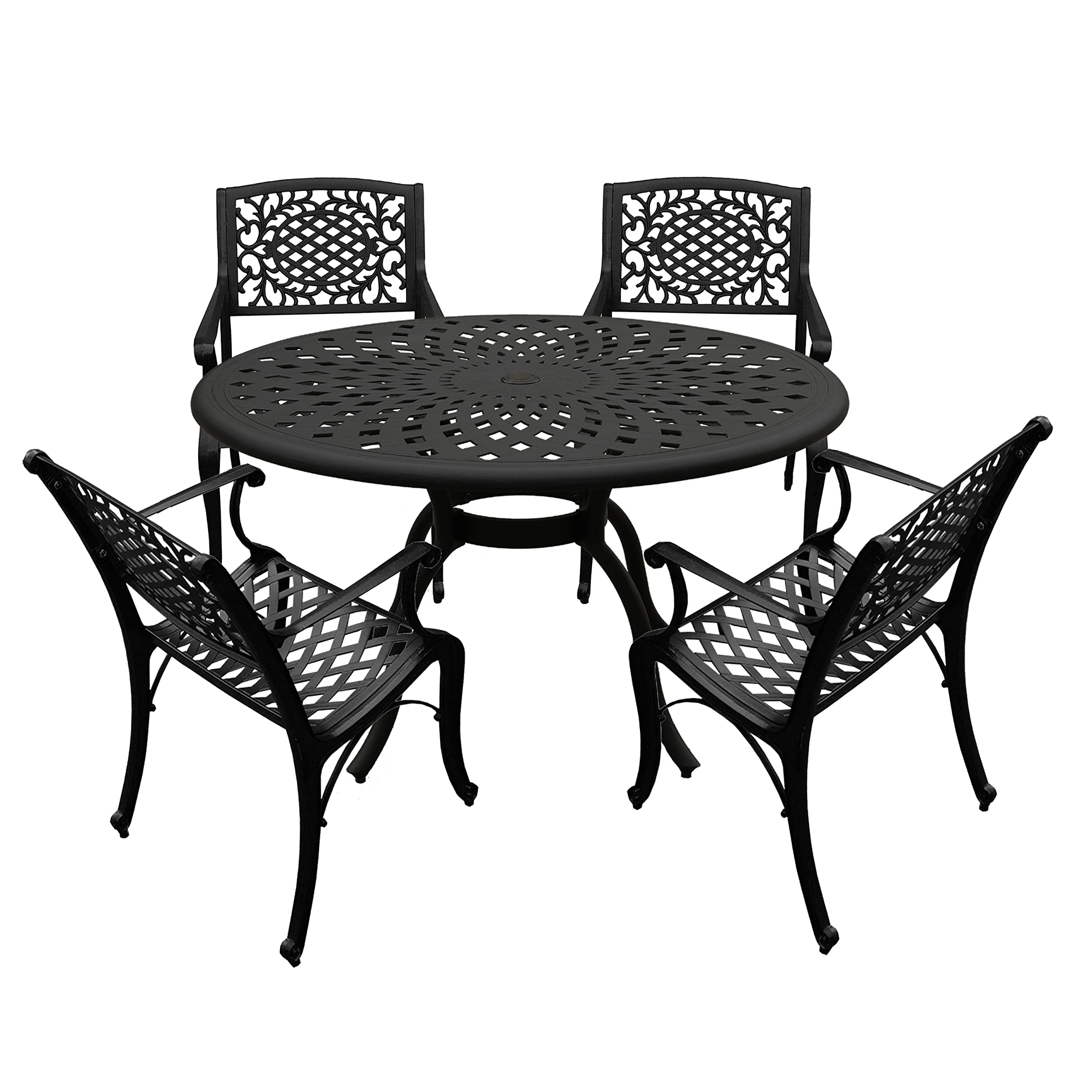 Oakland Living 48-inch Black Round Outdoor Dining Set - Modern Ornate Mesh Aluminum Patio Table with 4 Chairs | Perfect for Backyard BBQs, Garden Parties & Poolside Entertaining