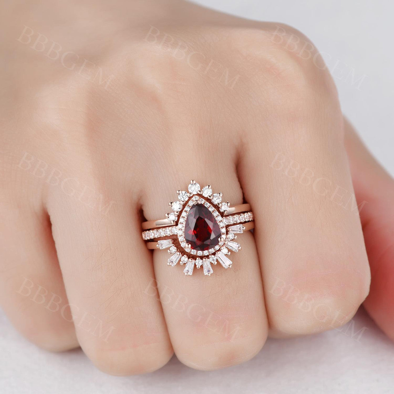 3Pcs Pear Garnet Vintage Engagement Ring Wedding Set - 1.2 Carat Diamond Band for Women, Bridal Jewelry, Anniversary Gift, Proposal & Special Occasions