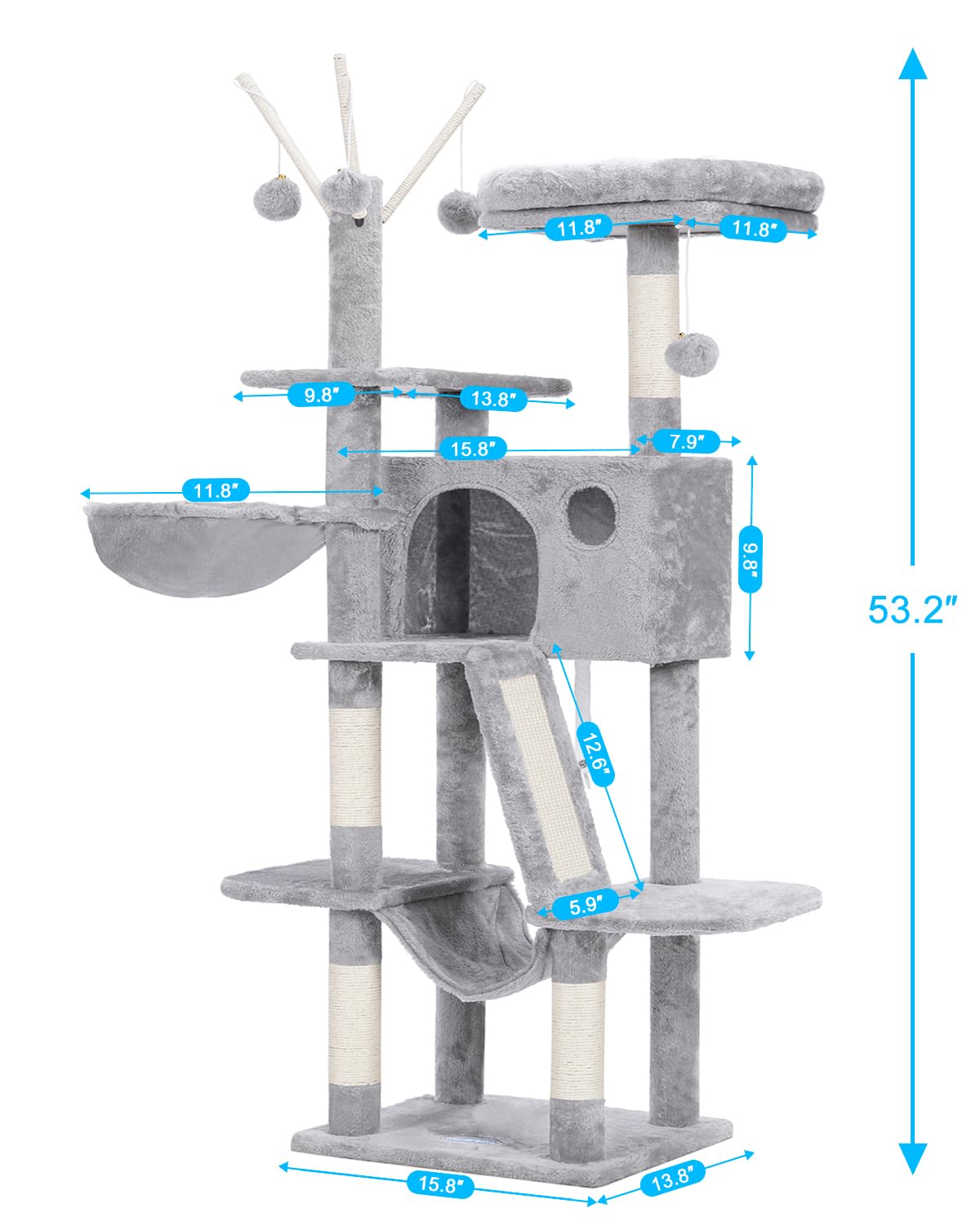 Hey-brother 53 Inch Cat Tree for Indoor Cats - Multi-Level Cat Tower with Cozy Condo, Padded Platform Bed, Hammocks, Sisal Scratching Posts & Toy Balls (Light Gray) - Perfect for Play, Rest & Climbing in Living Rooms & Bedrooms