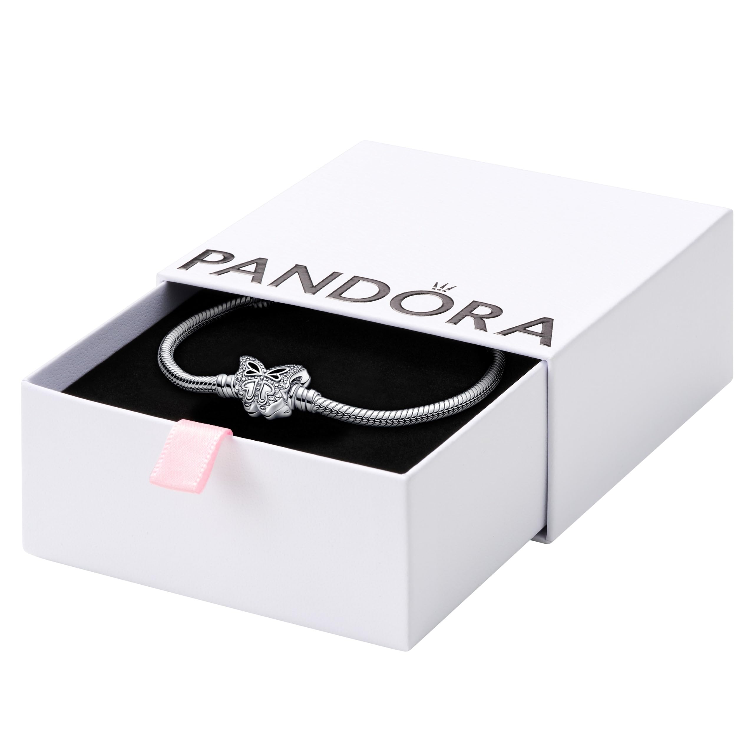 PANDORA Sterling Silver Butterfly Clasp Snake Chain Bracelet with Cubic Zirconia | Compatible with PANDORA Charms | Elegant Jewelry Gift for Women | Perfect for Birthday, Anniversary & Special Occasions