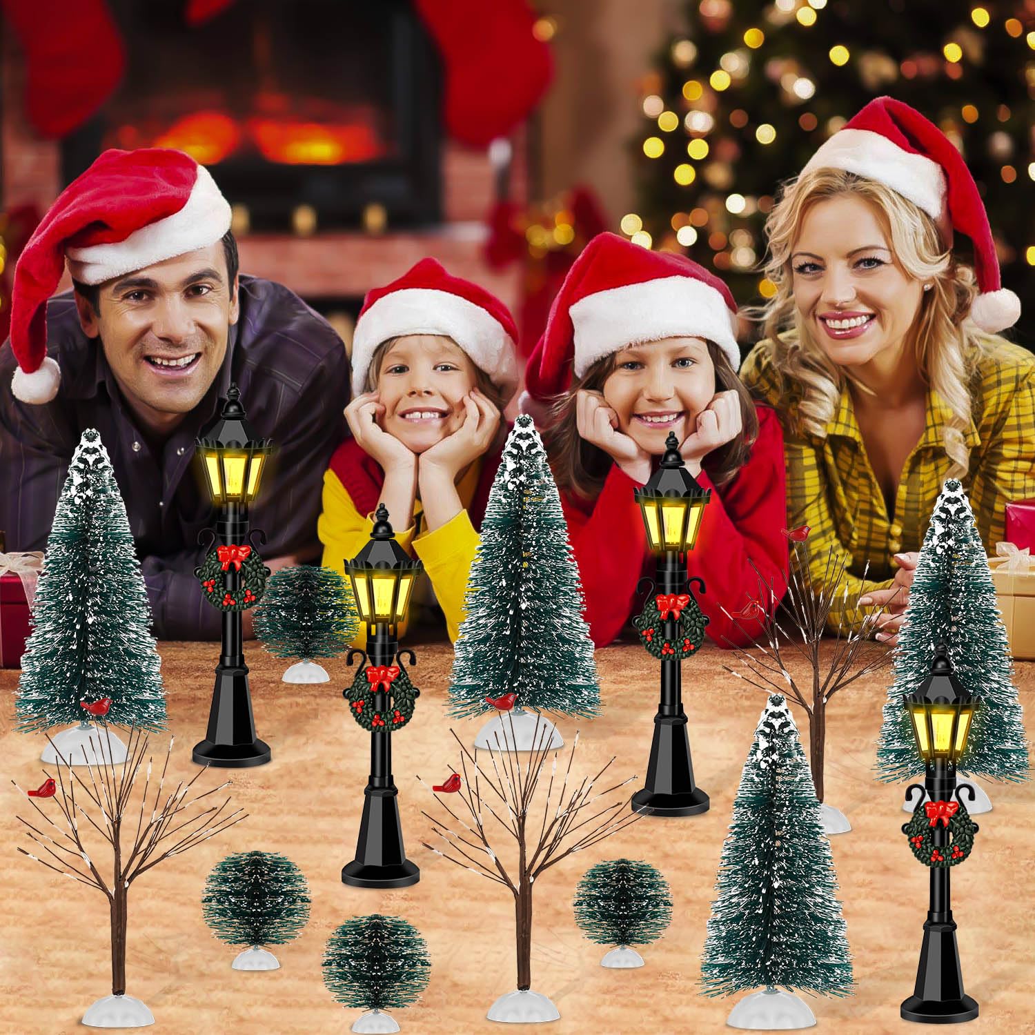 16-Piece Christmas Figurine Village Set with Mini Street Lights, Brush Trees & Lantern Posts - DIY Micro Landscape, Fairy Garden, Holiday Tabletop Decor for Christmas Villages & Winter Displays