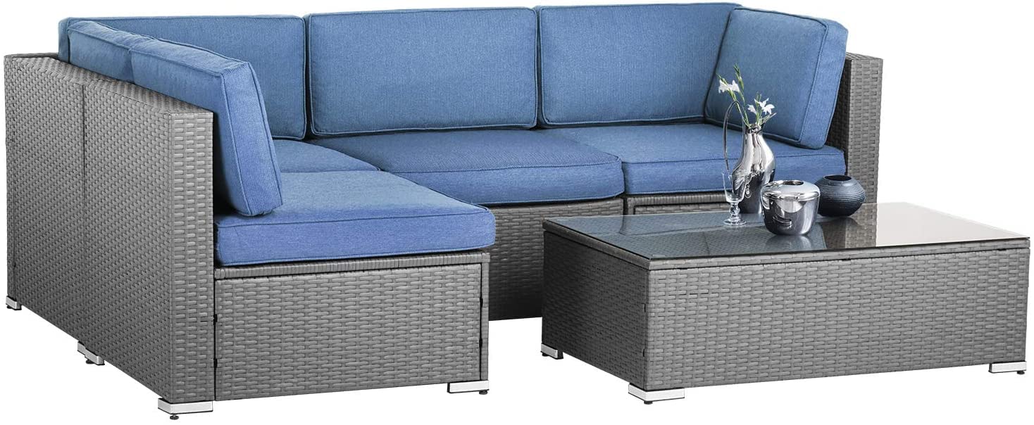 5-Piece All-Weather Outdoor Patio Furniture Set - Grey Wicker Sectional Sofa with Glass Coffee Table & Denim Blue Cushions - Perfect for Backyard, Garden, Poolside or Deck Relaxation