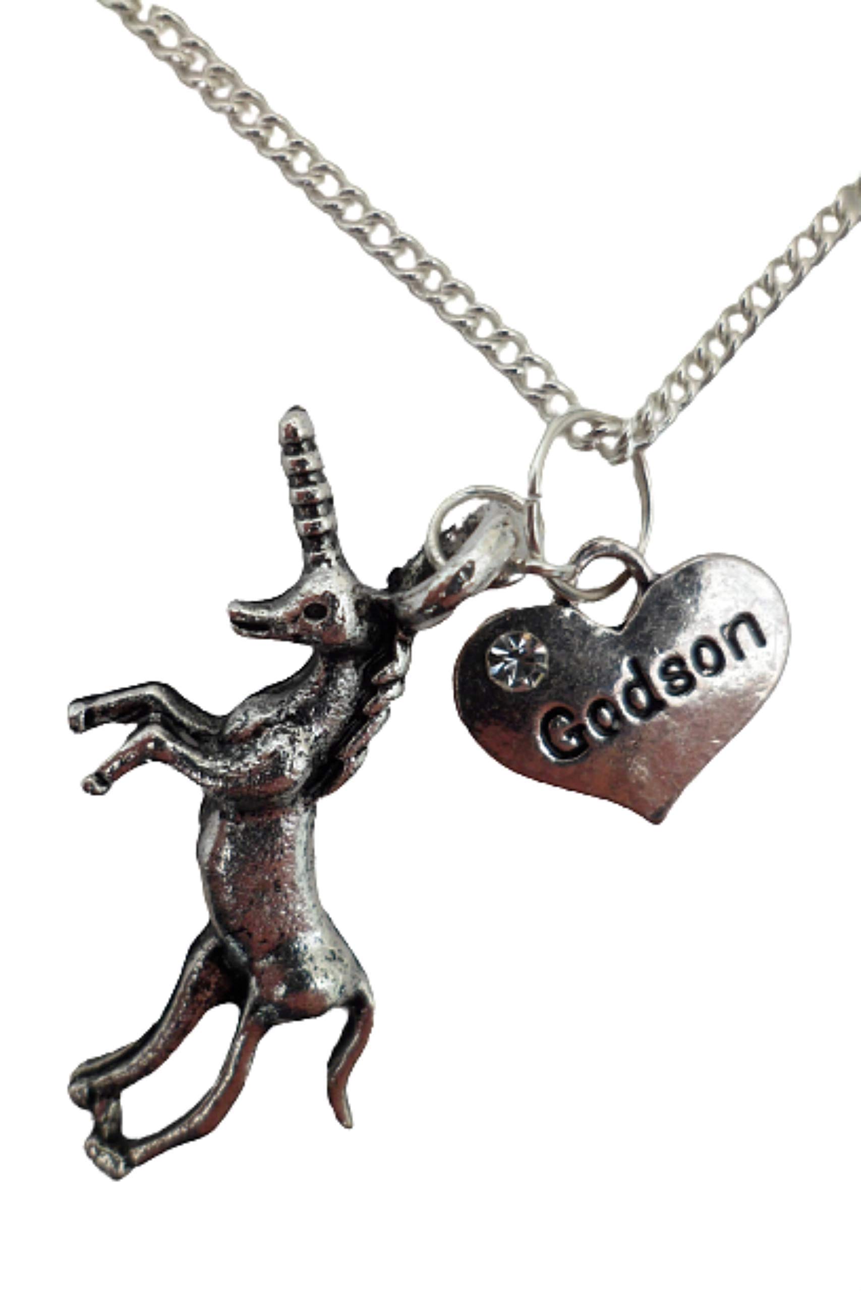 Silver Plated Godson Heart Necklace with Gem Charm & Unicorn Pendant - Perfect for Baptism Gifts, Christenings, and Special Occasions