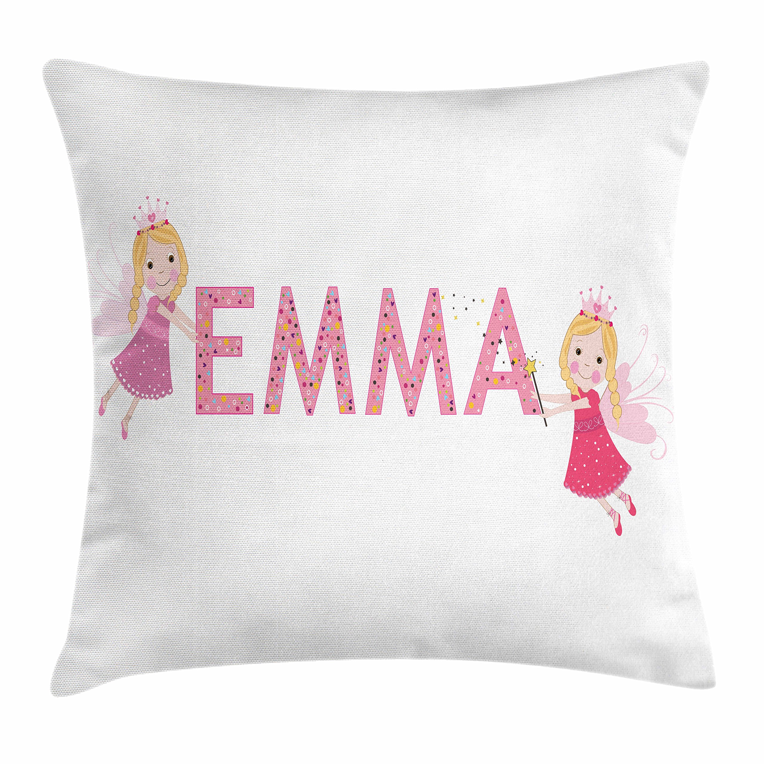 Ambesonne Emma Throw Pillow Cover 24x24 Inches - Cartoon Girl with Polka Dots Design, Decorative Square Cushion Case for Sofa, Bed, Living Room - Multicolor Accent Pillow