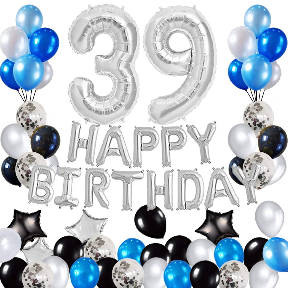 39th Birthday Party Decorations Set - Foil Happy Birthday Banner, Number 39 & Star Balloons, 47 pcs Latex Balloons in Silver & Blue - Perfect for Adult Birthday Celebrations, Milestone Parties & Anniversary Decorations