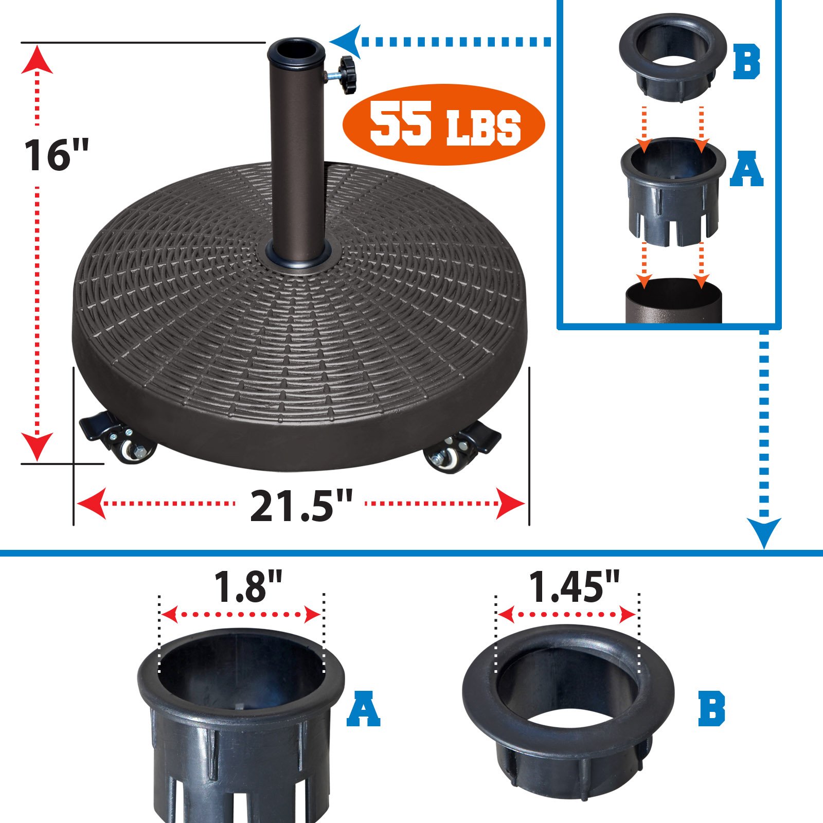 Heavy-Duty Resin Patio Umbrella Base with Wheels - Weighted Outdoor Market Umbrella Stand for Stability | Perfect for Backyard, Deck, Poolside & Patio Furniture Protection