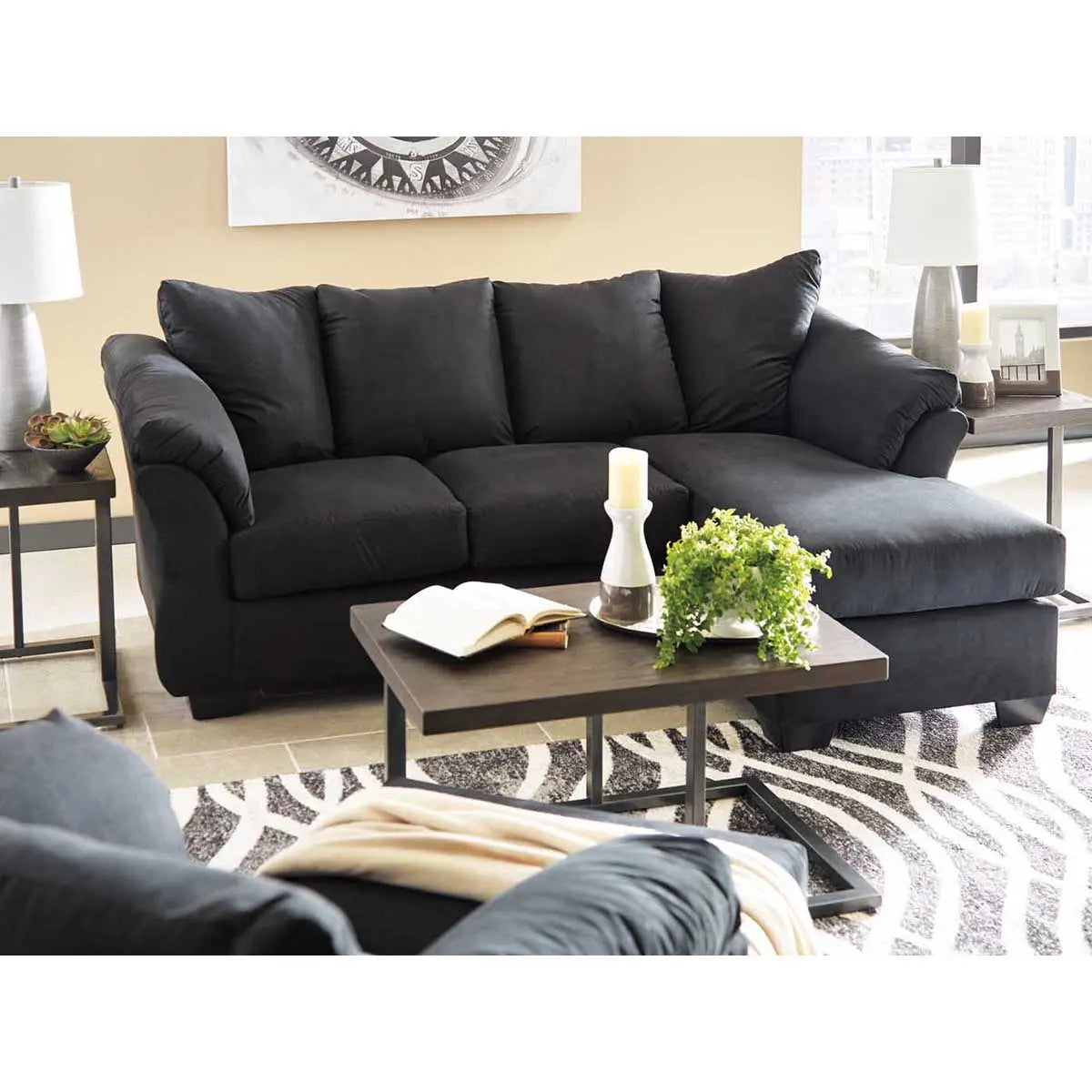 Darcy Reversible Sectional Sofa Chaise Lounge - Black Linen Fabric - Modern Living Room Furniture for Small Spaces | Perfect for Apartments, Studios & Cozy Homes