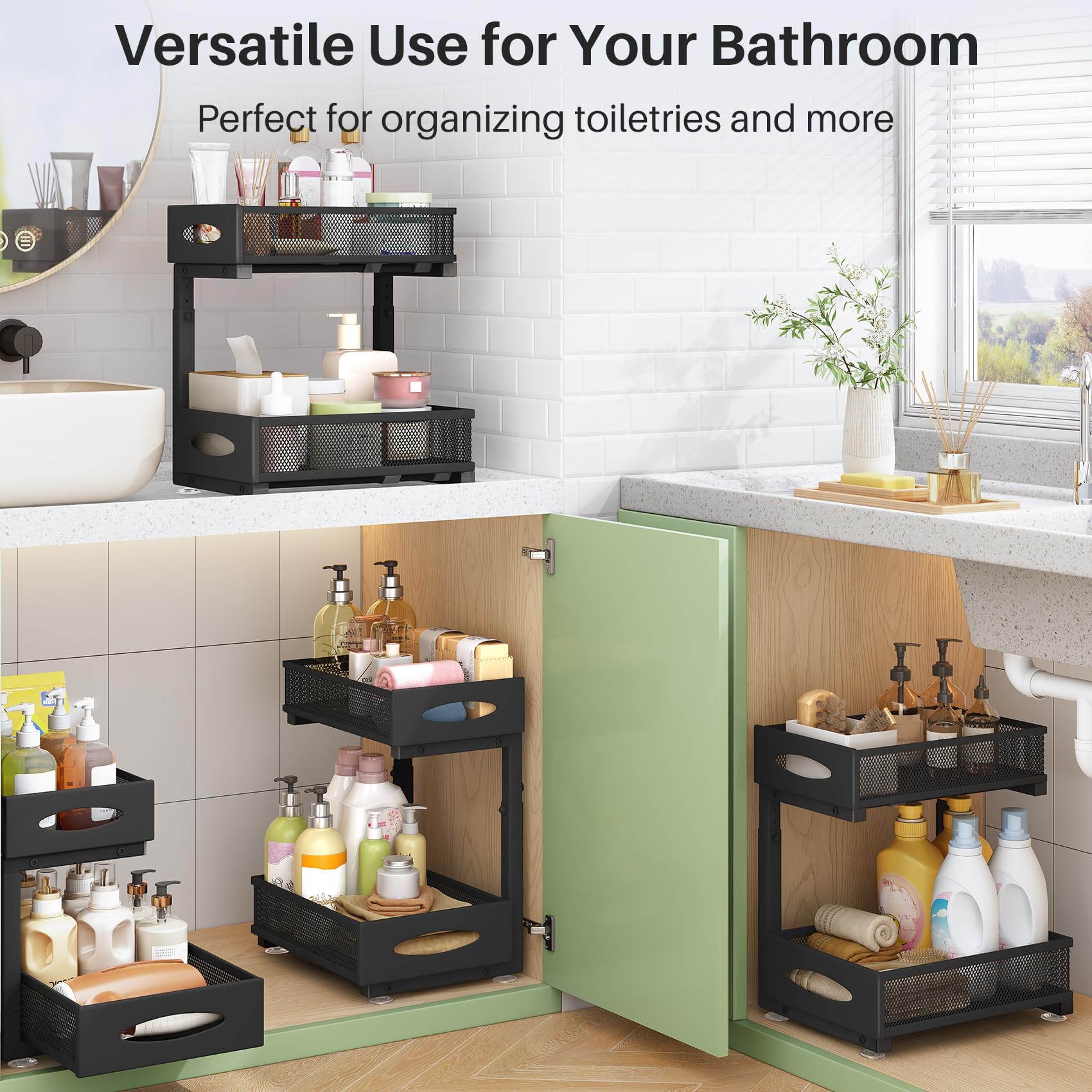 2-Tier Under Sink Organizer Set of 2 - Pull Out Mesh Cabinet Baskets with Sliding Drawers for Kitchen, Bathroom & Pantry Storage | Space Saving Sink Shelf Organizer for Home & Office Use (Black)