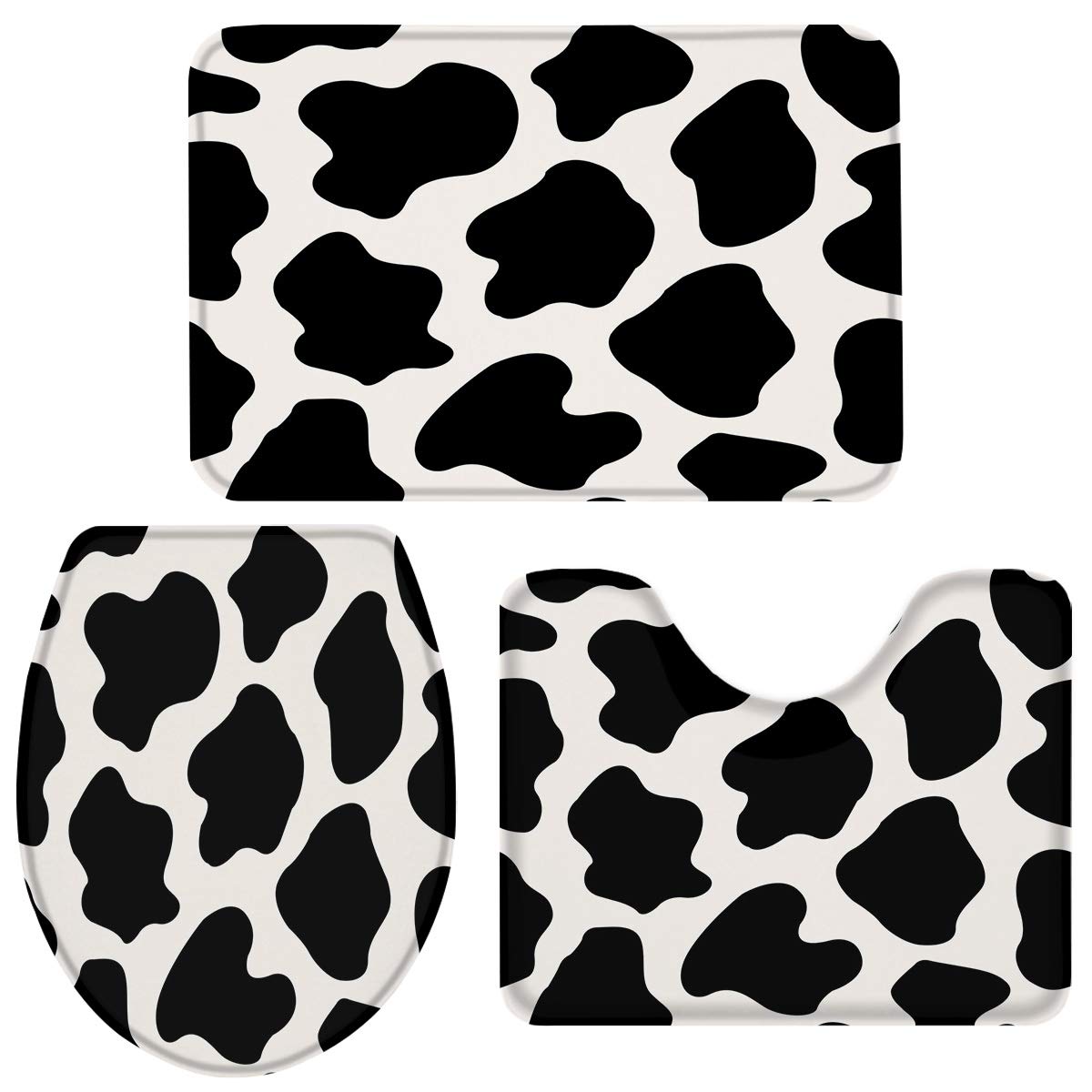 3-Piece Farmhouse Bathroom Rug Set - Non-Slip Cow Print Bath Mat, Toilet Lid Cover & U-Shaped Toilet Mat - Water Absorbent Bathroom Decor for Home, Black & White - Perfect for Farmhouse, Cottage & Vintage Style Bathrooms