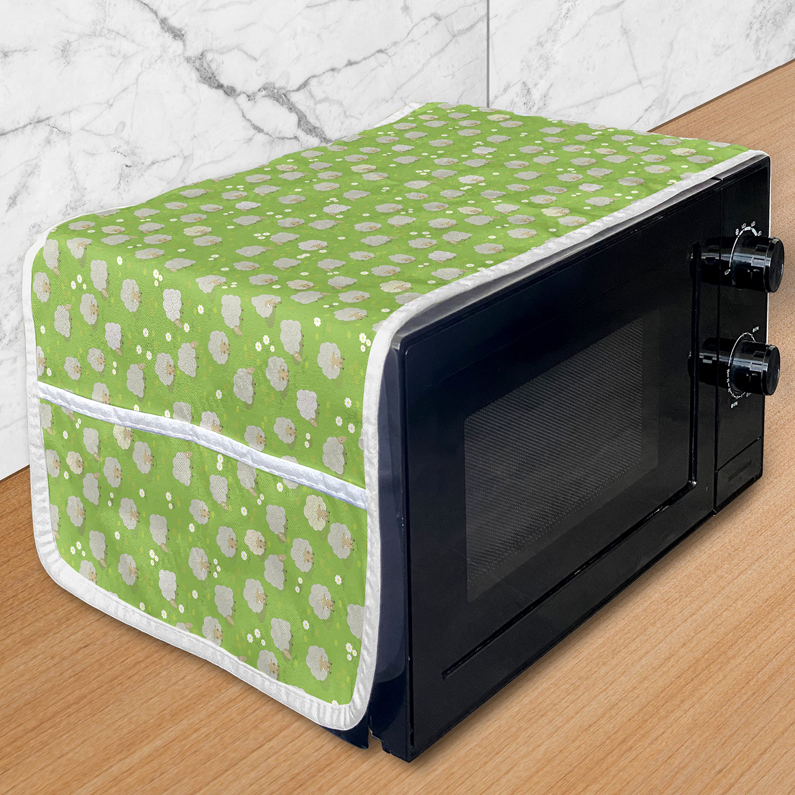 Ambesonne Microwave Oven Cover with Goat Herd Grazing on Meadow Print - Water Resistant Kitchen Organizer with Pockets, 36