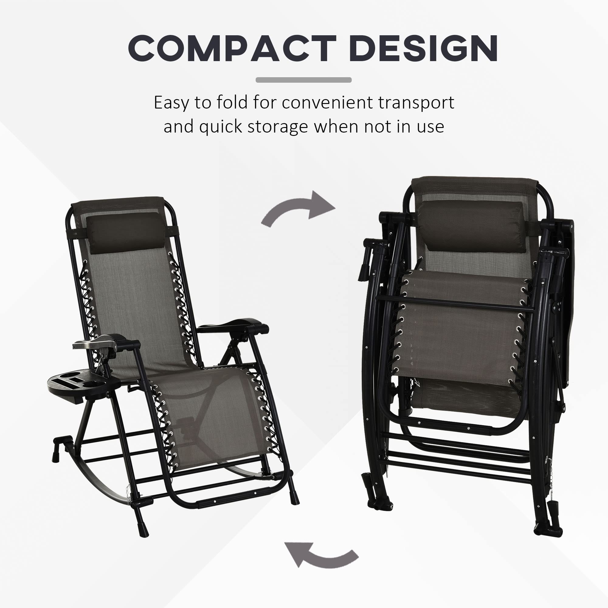 Outsunny Foldable Zero Gravity Lounge Rocker - Outdoor Reclining Rocking Chair with Pillow, Cup Holder & Phone Pocket - Portable Patio Furniture for Backyard, Poolside & Beach Relaxation (Gray)