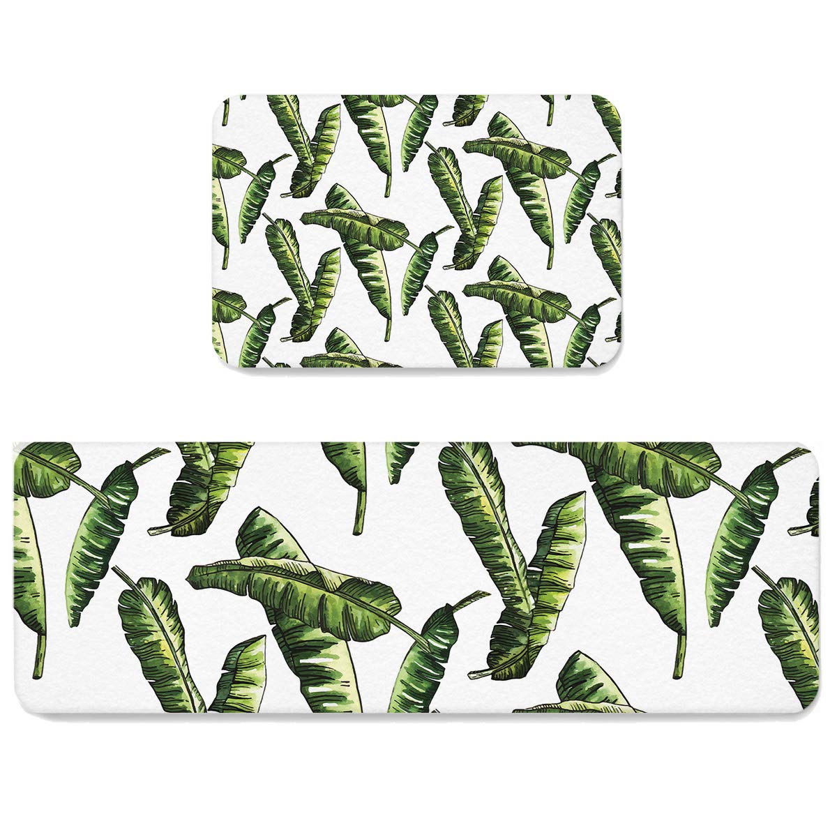 HELLOWINK Anti-Fatigue Kitchen Mat Set of 2 - Non-Slip Floor Mats with Tropical Leaf Design for Kitchen, Sink, Laundry & Home Office - Comfortable Cushioned Rugs for Standing Long Hours (Green Leaves)