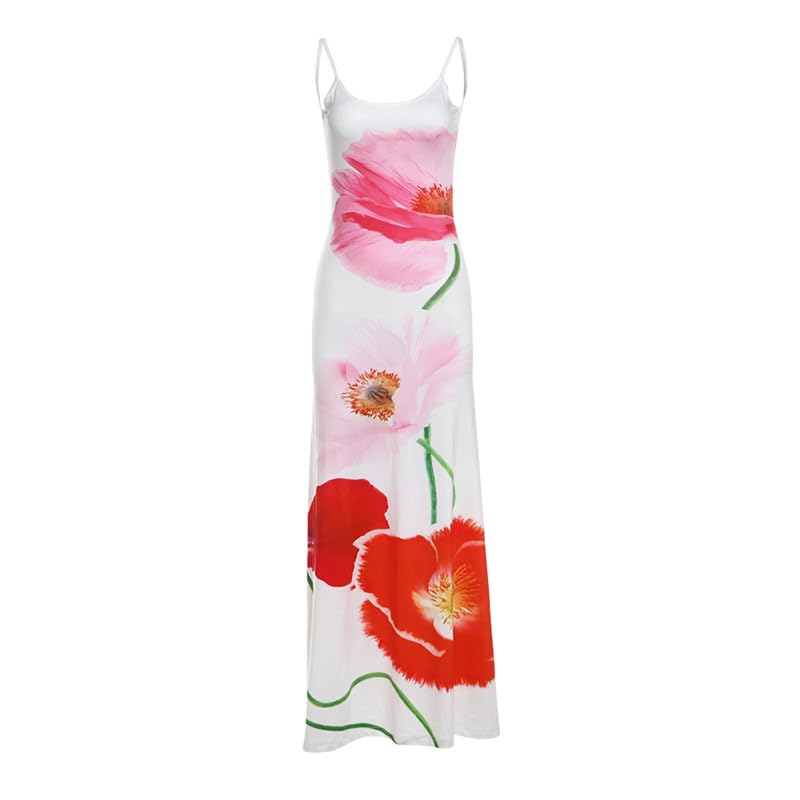 Women's Floral Maxi Dress - Square Neck Backless Long Summer Dress with Spaghetti Straps | Bodycon Slip Dress for Beach, Vacation & Evening Wear