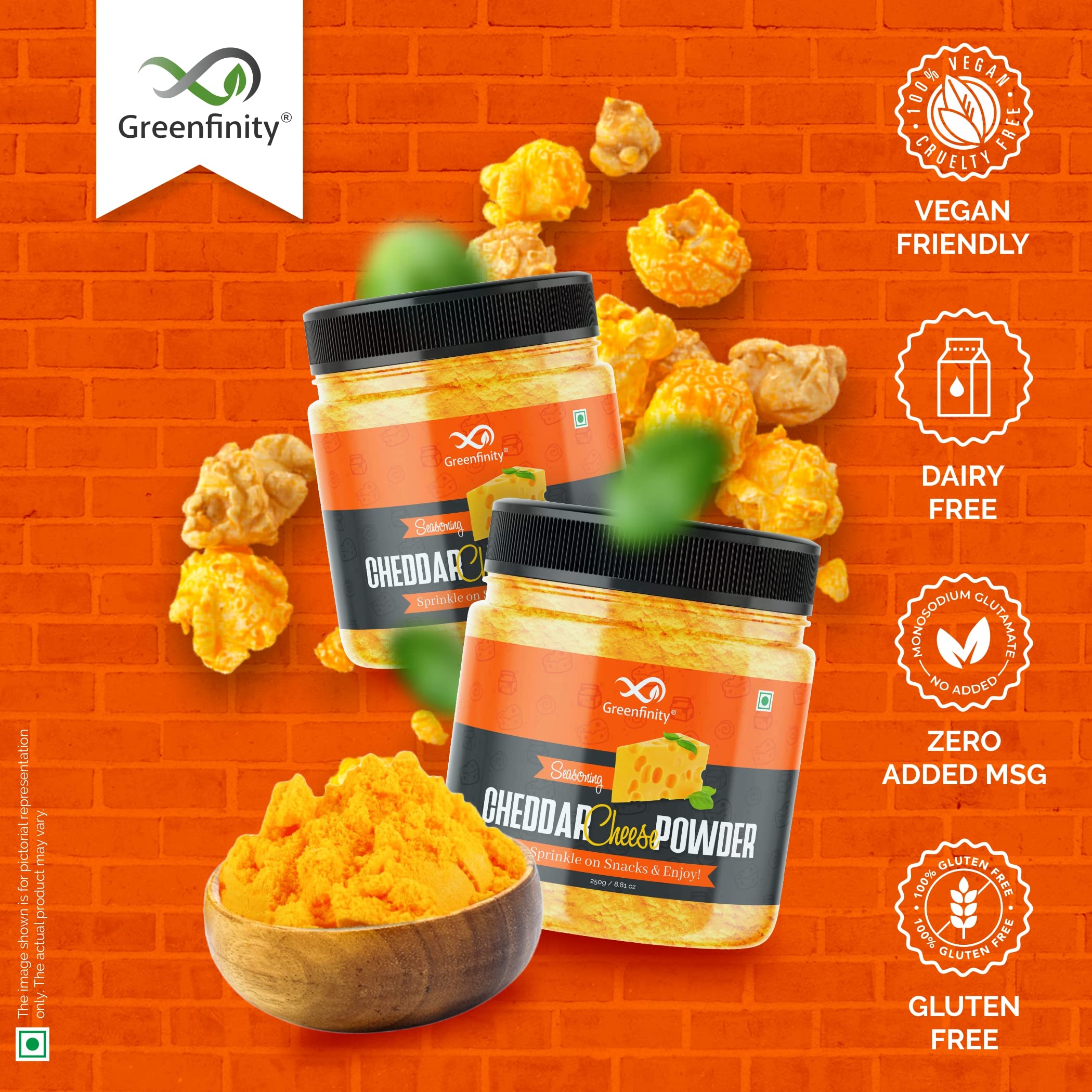 GreenFinity Cheddar Cheese Powder 250g (Pack of 1) - Premium Cheese Powder for Popcorn, Pizza, Pasta & Fries | Rich Cheddar Flavor | Perfect for Snacks, Cooking & Baking at Home