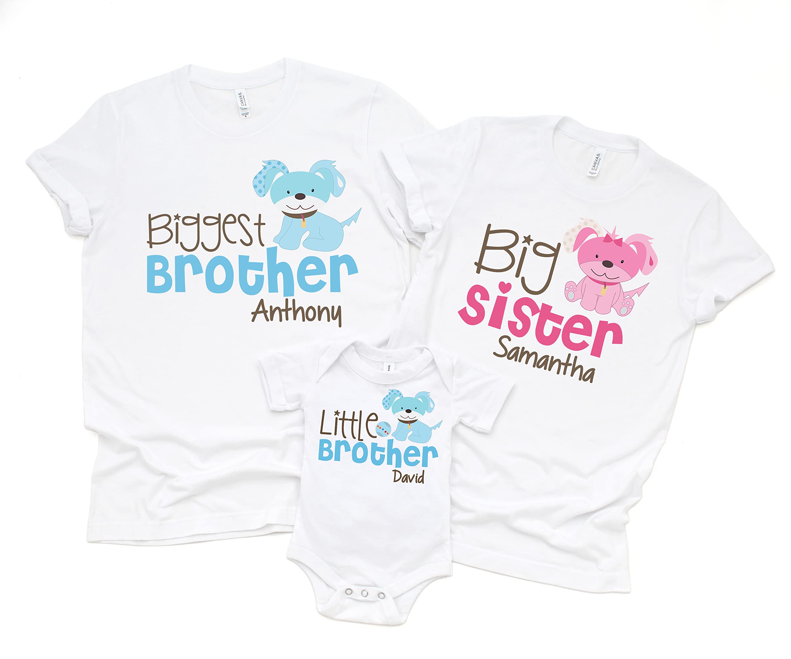 Personalized Biggest Brother Big Sister Little Shirt Set - 3 Pack Matching Dog Puppy T-Shirts for Boys | Sibling Matching Outfits for Family Photos & Pet Lovers
