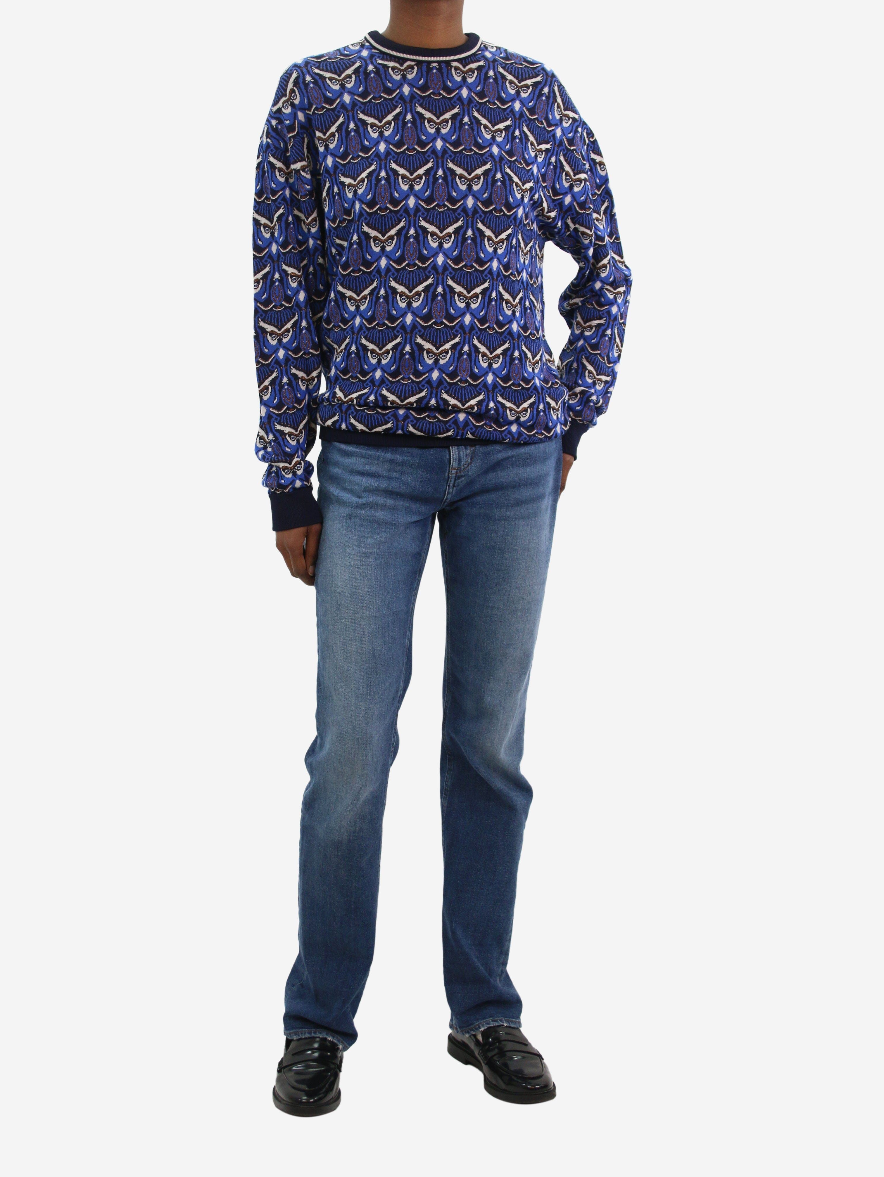 Blue Owl Print Sweater for Women - Size XS | Cozy Knit Pullover for Casual Wear & Fall Fashion