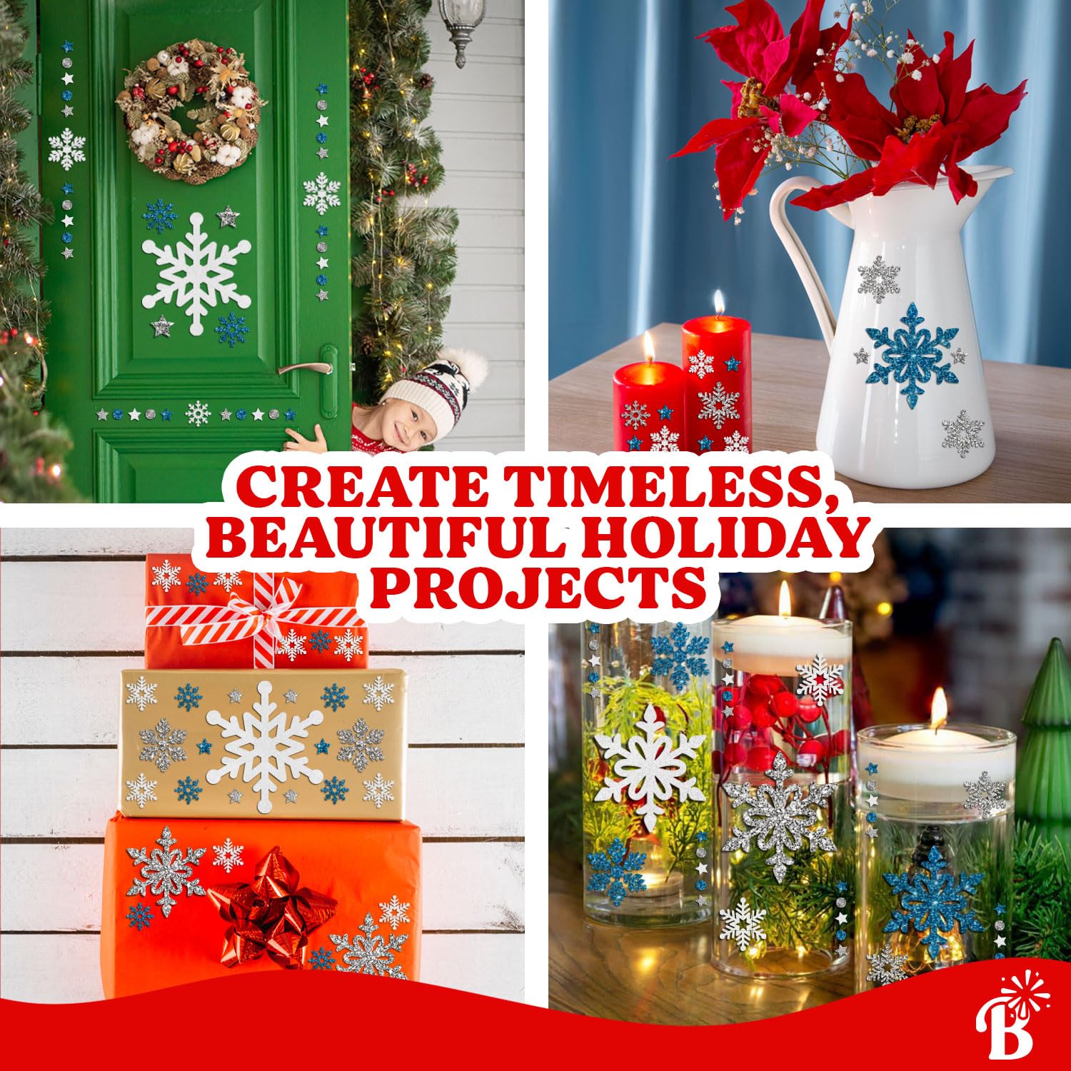Large Snowflake Stickers with Real Glitter - Christmas Card & Envelope Decoration - Blue, White & Silver Holiday Stickers for DIY Crafts, Scrapbooking & Gift Wrapping