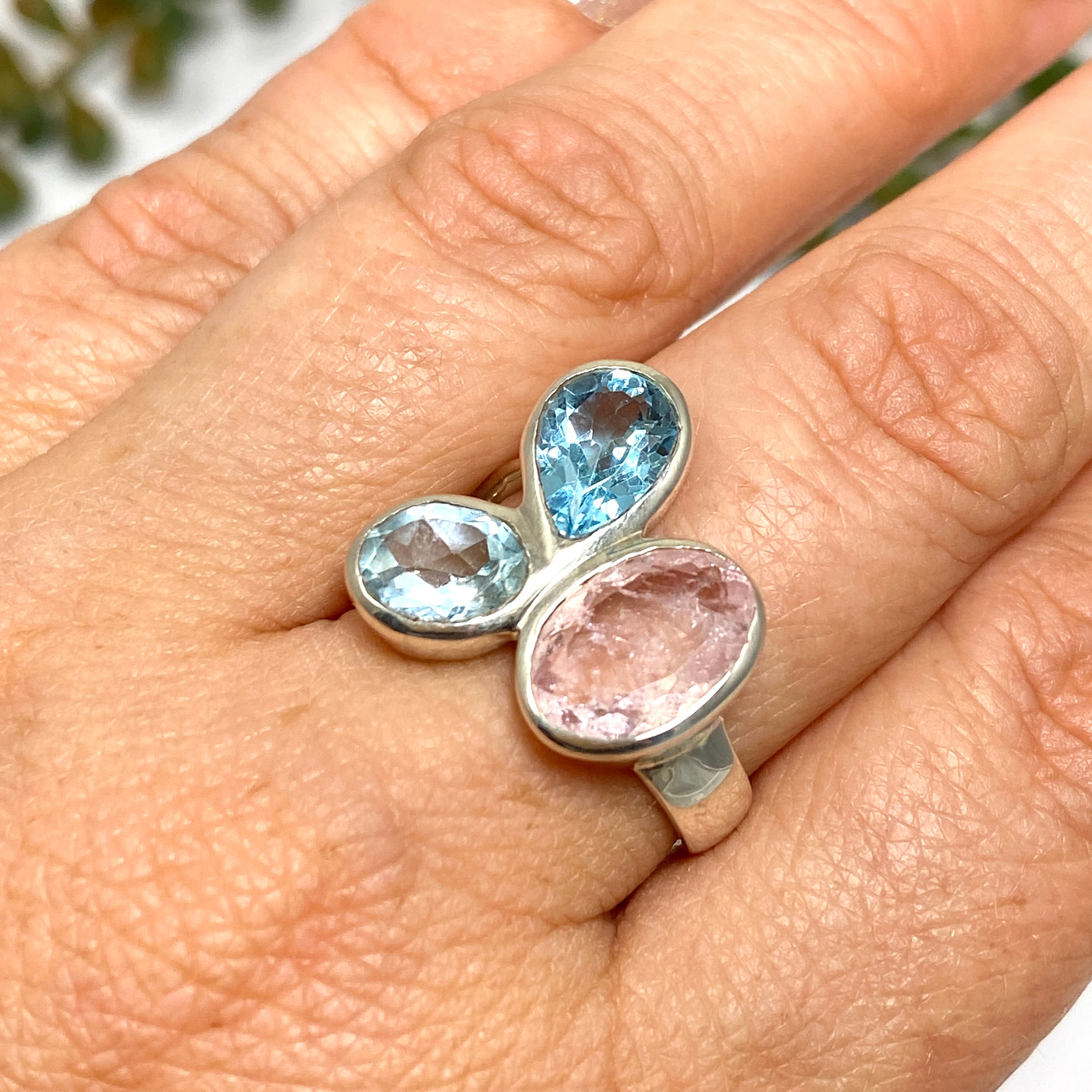 Morganite and Blue Topaz Multi-Stone Faceted Ring Size 8 - Elegant Birthstone Jewelry for Women, Perfect for Weddings, Anniversaries & Special Occasions