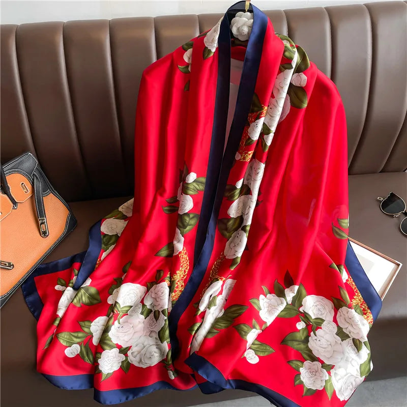 180x90cm Luxury Silk Scarf for Women - Floral Printed Large Shawl, Sun Protection Wrap, Soft Bandana, Hijab & Muffler - Perfect for Beach, Travel, and Formal Occasions