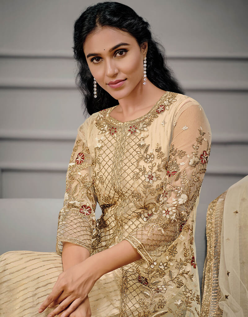 Beige Soft Net Pant Salwar Suit - Elegant Indian Ethnic Outfit for Women | Perfect for Weddings, Festivals & Special Occasions