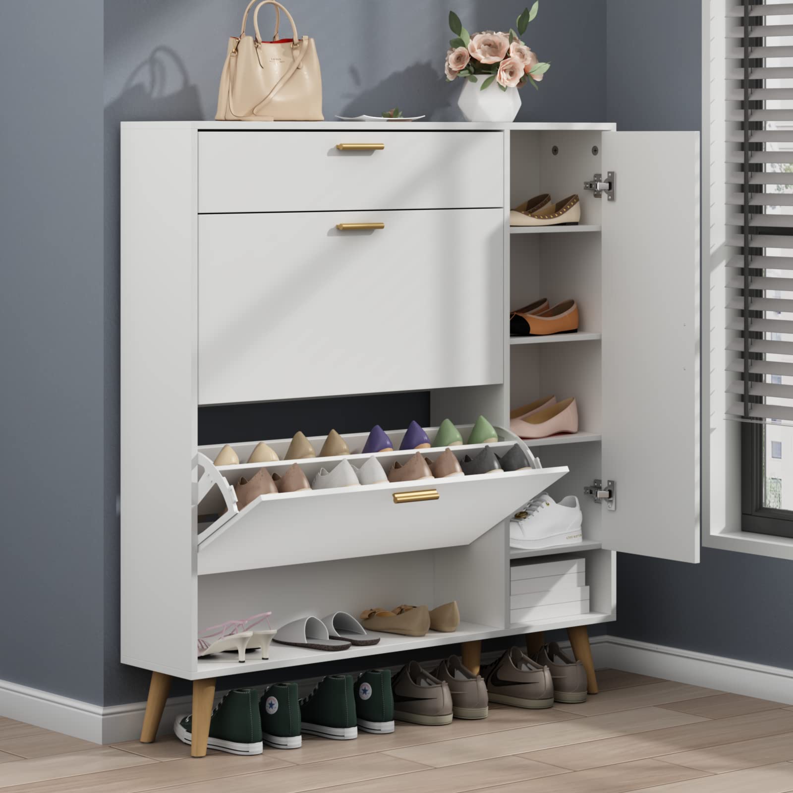 Shoe Rack Cabinet with 2 Flip Drawers - Narrow Entryway Storage for Shoes & Organizing