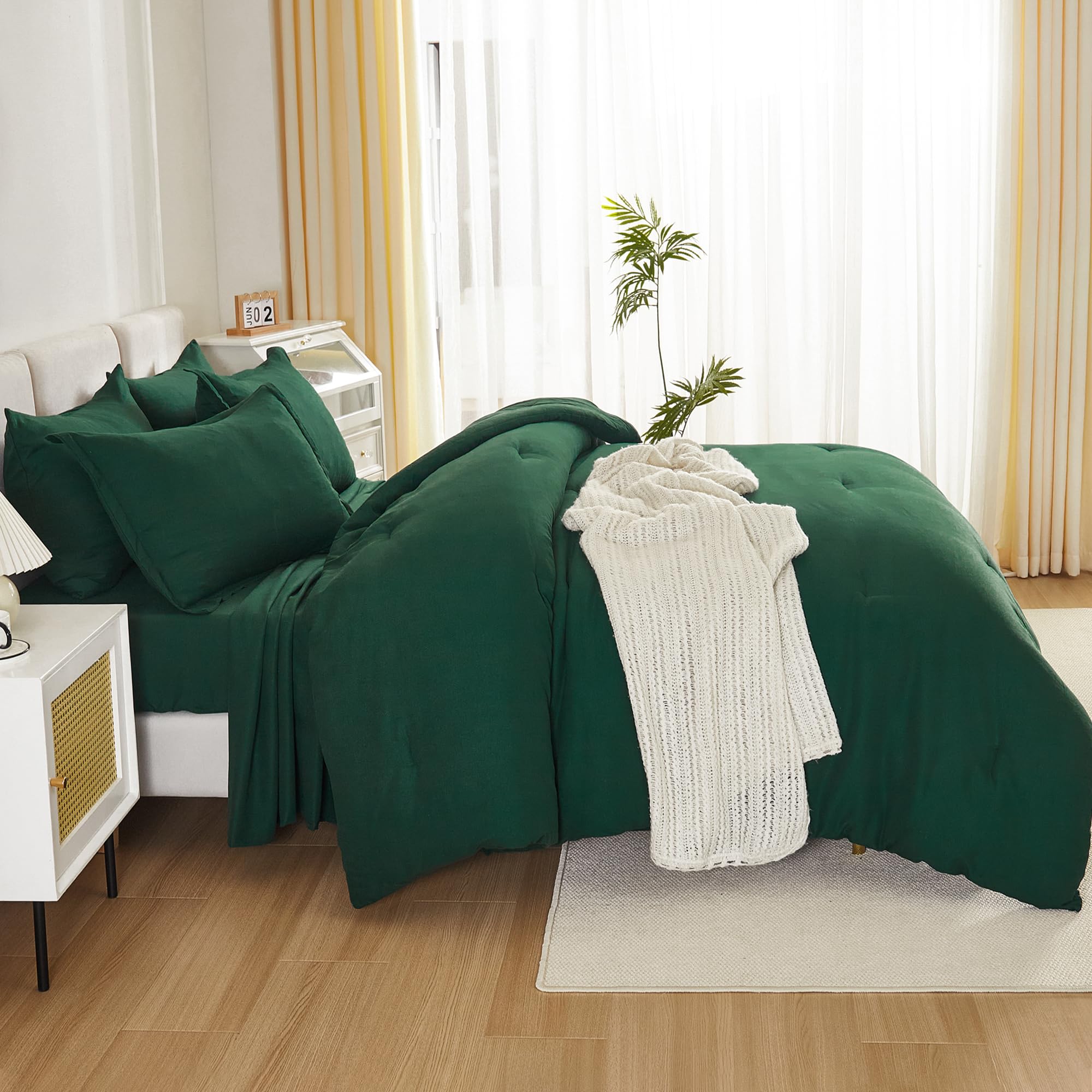Litanika King Size Comforter Set - Dark Emerald Green 7-Piece Bed in a Bag | Lightweight Solid King Bedding Set with Comforter, Sheets, Pillowcases & Shams | Perfect for Master Bedroom, Guest Room & Cozy Home Decor