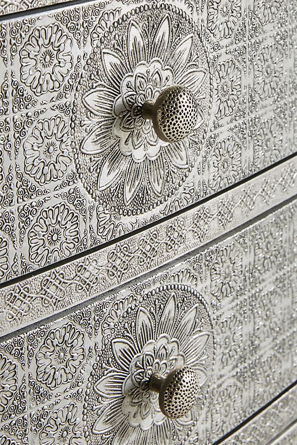 Hand Embossed Nightstand with 3 Drawers - White Metal Bedside Table for Bedroom | Compact Night Stand with Storage for Small Spaces, Apartment & Dorm Room Decor